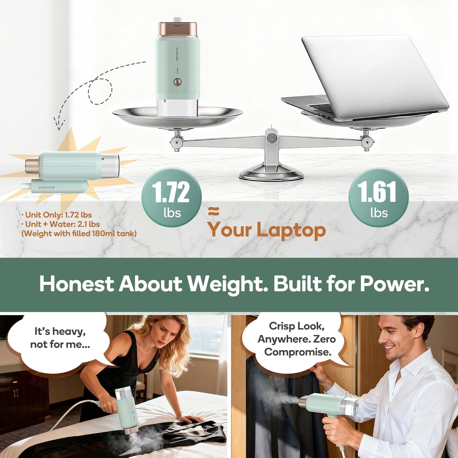 Sobede 1.72 1.61  
Unit Only: 1.72 lbs  
Unit + Water: 2.1 lbs (Weight with filled 180ml tank)  
Your Laptop  
Honest About Weight. Built for Power.  
It's heavy, not for me...  
Crisp Look, Anywhere. Zero Compromise.