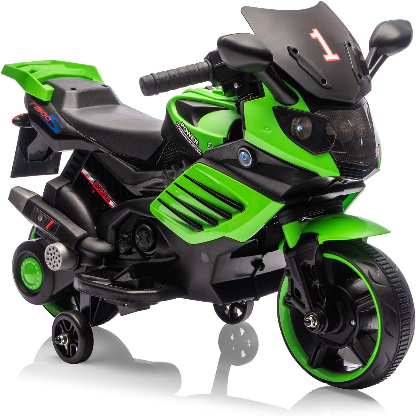 Acekool - 6V Kids Electric Motorcycle Ride-On Toy, Training Wheels, Headlight, Music, for Boys & Girls Ages 3-6 - Green