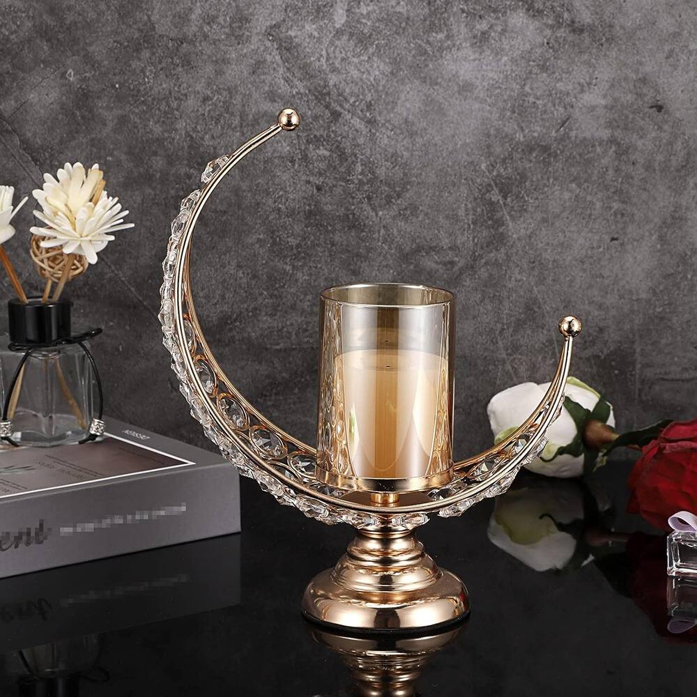 Angle. MOSZAR LLC - Gold Moon Crystal Candle Holder, Tealight Stand with Glass Cover.