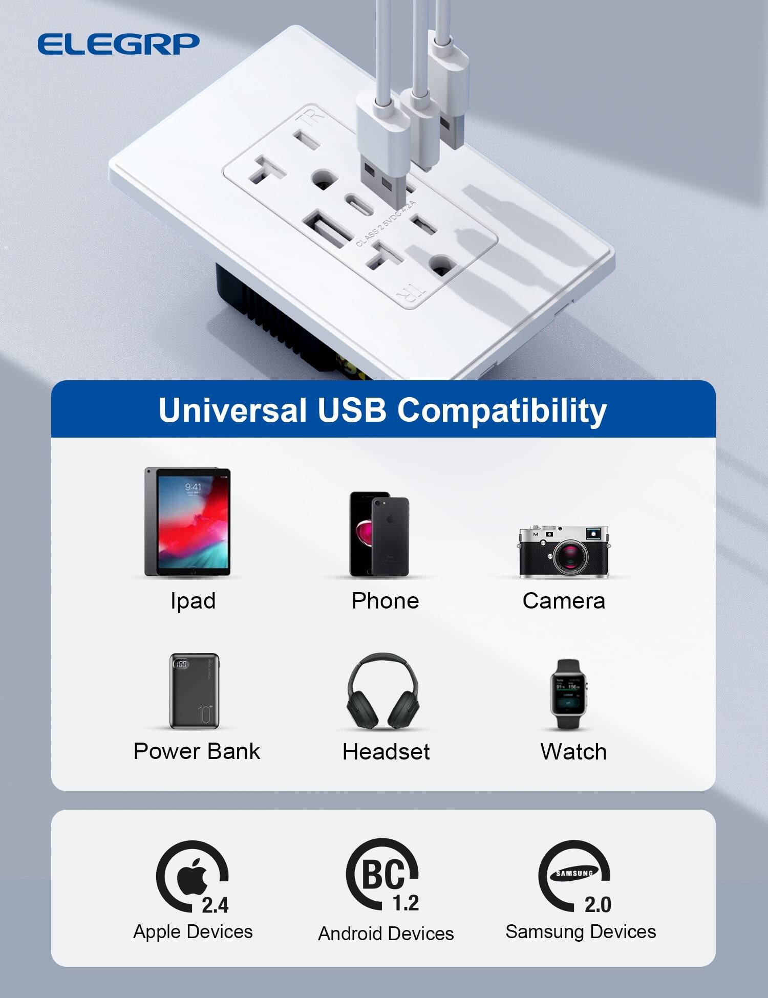 ELEGRP 3 EVOCEA CLASS TR Universal USB Compatibility

- Ipad
- Phone
- Camera
- Power Bank
- Headset
- Watch

Apple Devices: 2.4
Android Devices: 1.2
Samsung Devices: 2.0