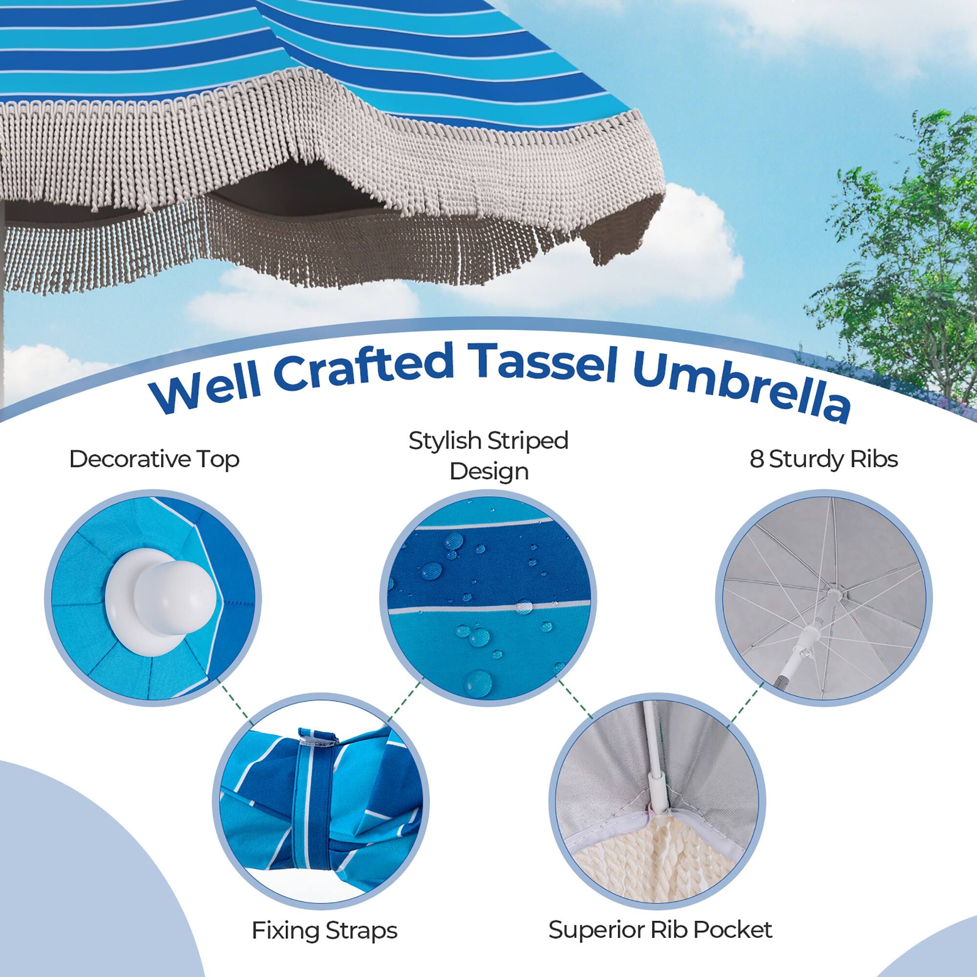 Well Crafted Tassel Umbrella

- Decorative Top
- Stylish Striped Design
- 8 Sturdy Ribs
- Fixing Straps
- Superior Rib Pocket