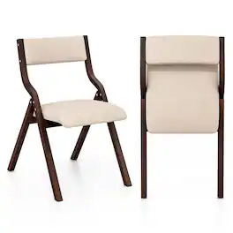 Costway - Folding Dining Chair Set of 2 Wooden Upholstered Modern Linen Fabric Padded Seat - Coffee/Beige