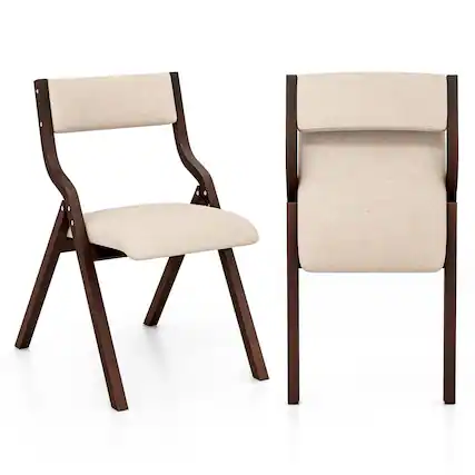 Front. Costway - Costway Folding Dining Chair Set of 2 Wooden Upholstered Modern Linen Fabric Padded Seat - Coffee/Beige.