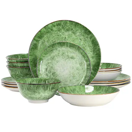 Front. Elama - Elama Oceanus 16 Piece Porcelain Double Bowl Dinnerware Set in Green - Green.
