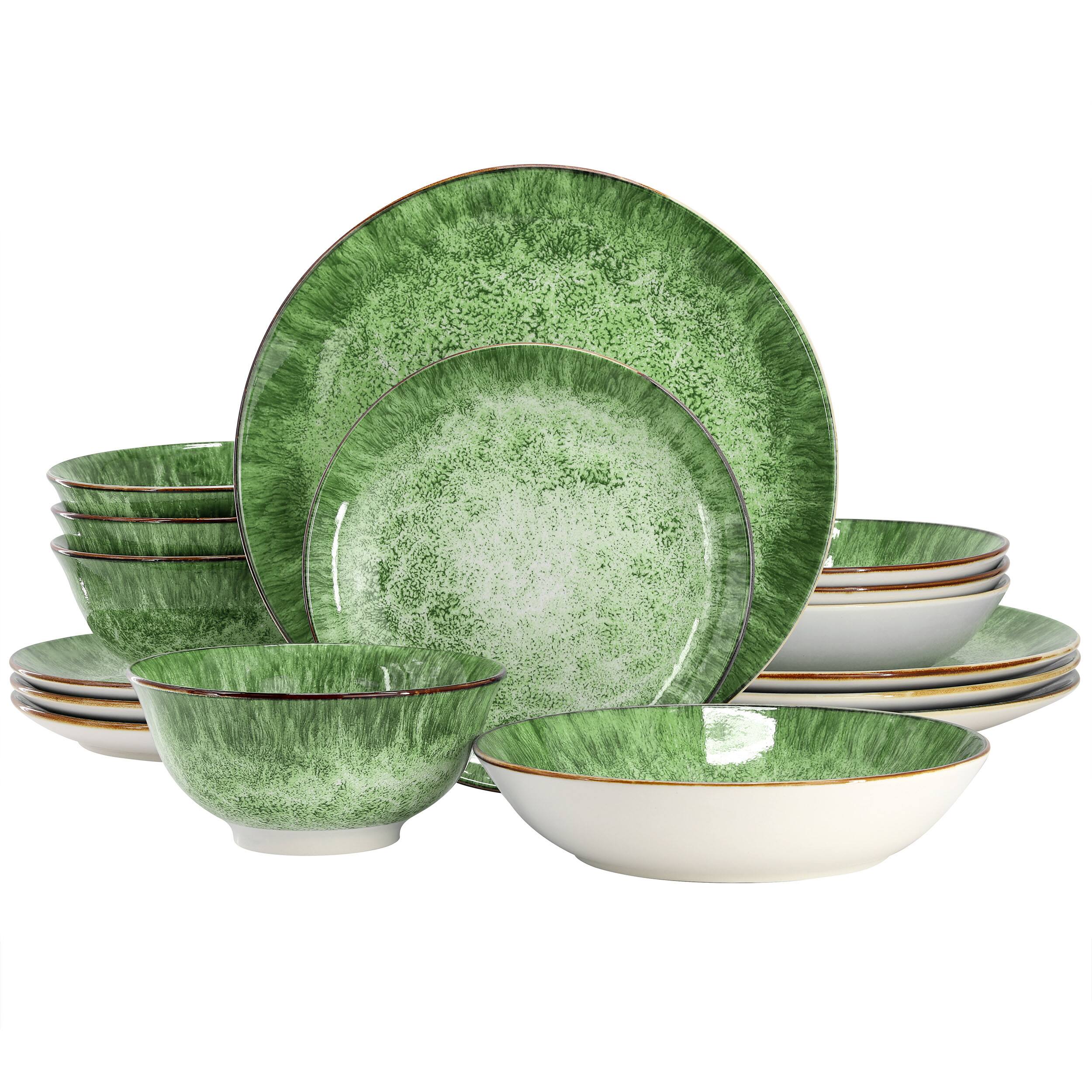 Elama - Oceanus 16 Piece Porcelain Double Bowl Dinnerware Set - Green