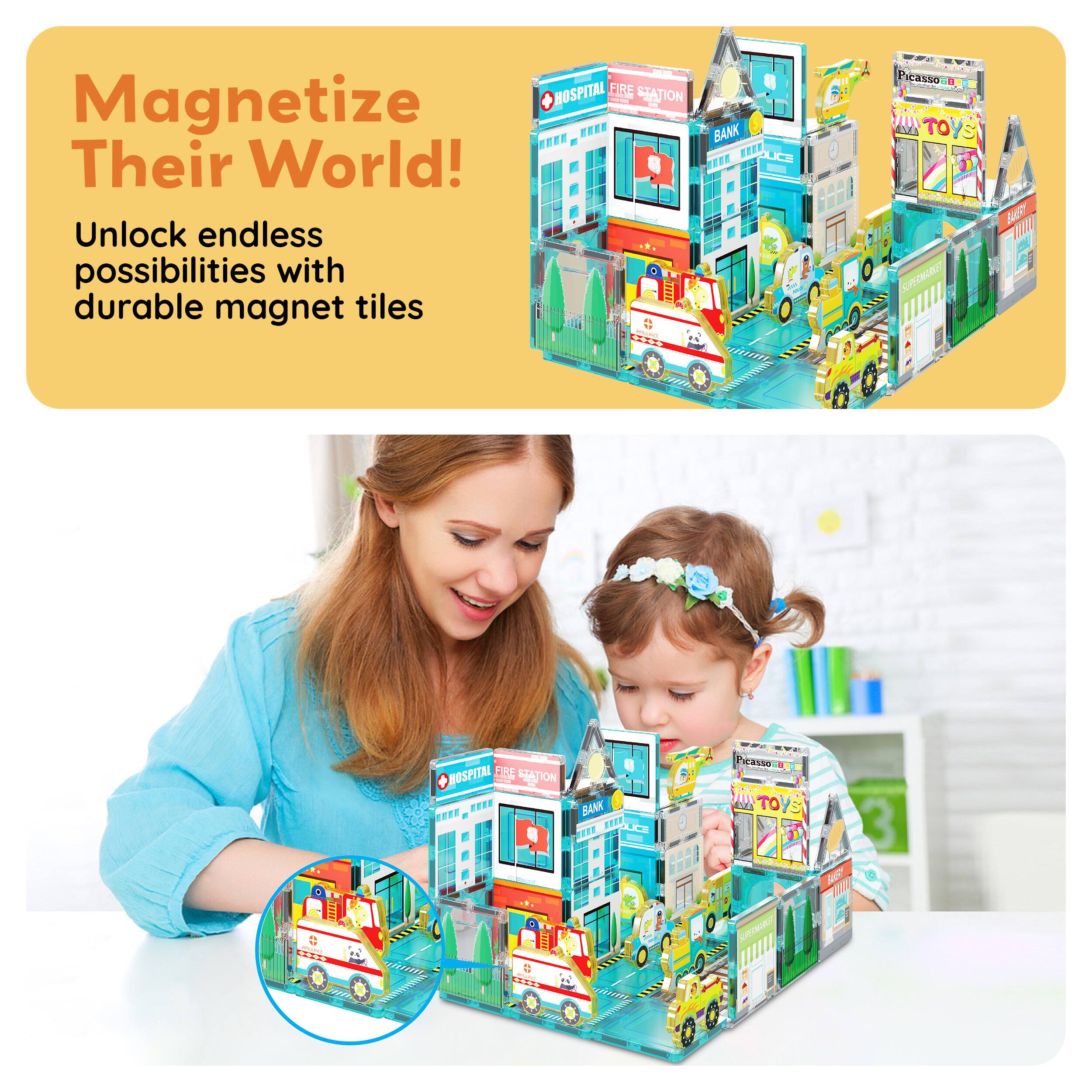 Magnetize Their World!  
Unlock endless possibilities with durable magnet tiles  

HOSPITAL  
FIRE STATION  
BANK  

TOYS  
BASE  
GUE  

SUPERWORLD  
HOSPITAL  
FIRE STATION  
BANK  

PicassoTiles