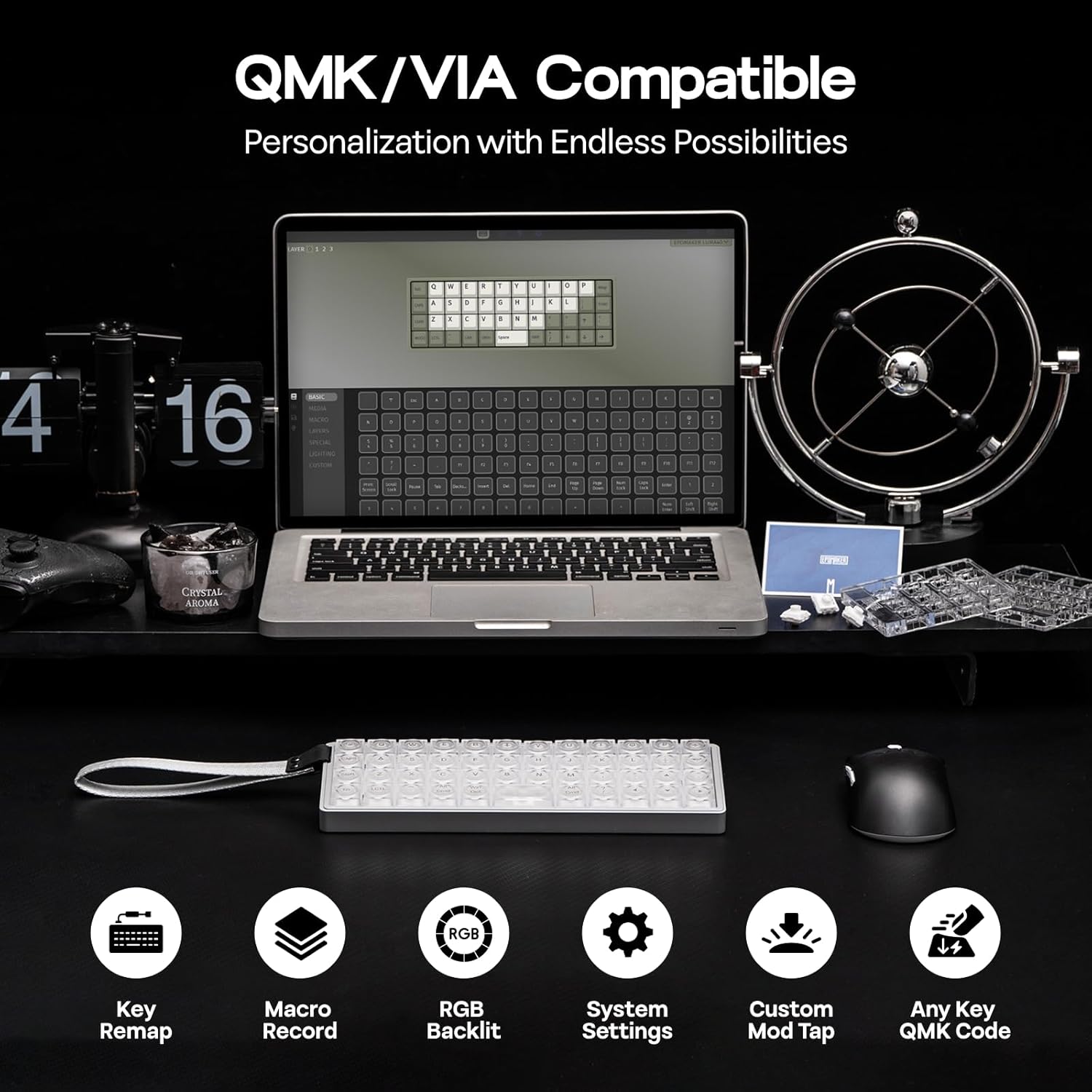 QMK/VIA Compatible  
Personalization with Endless Possibilities  

- Key Remap  
- Macro Record  
- RGB Backlit  
- System Settings  
- Custom Mod Tap  
- Any Key QMK Code  

CRTSTAL AROMA RGB 14 Key Remap Macro Record RGB Backlit System Settings Custom Mod Tap Any Key QMK Code