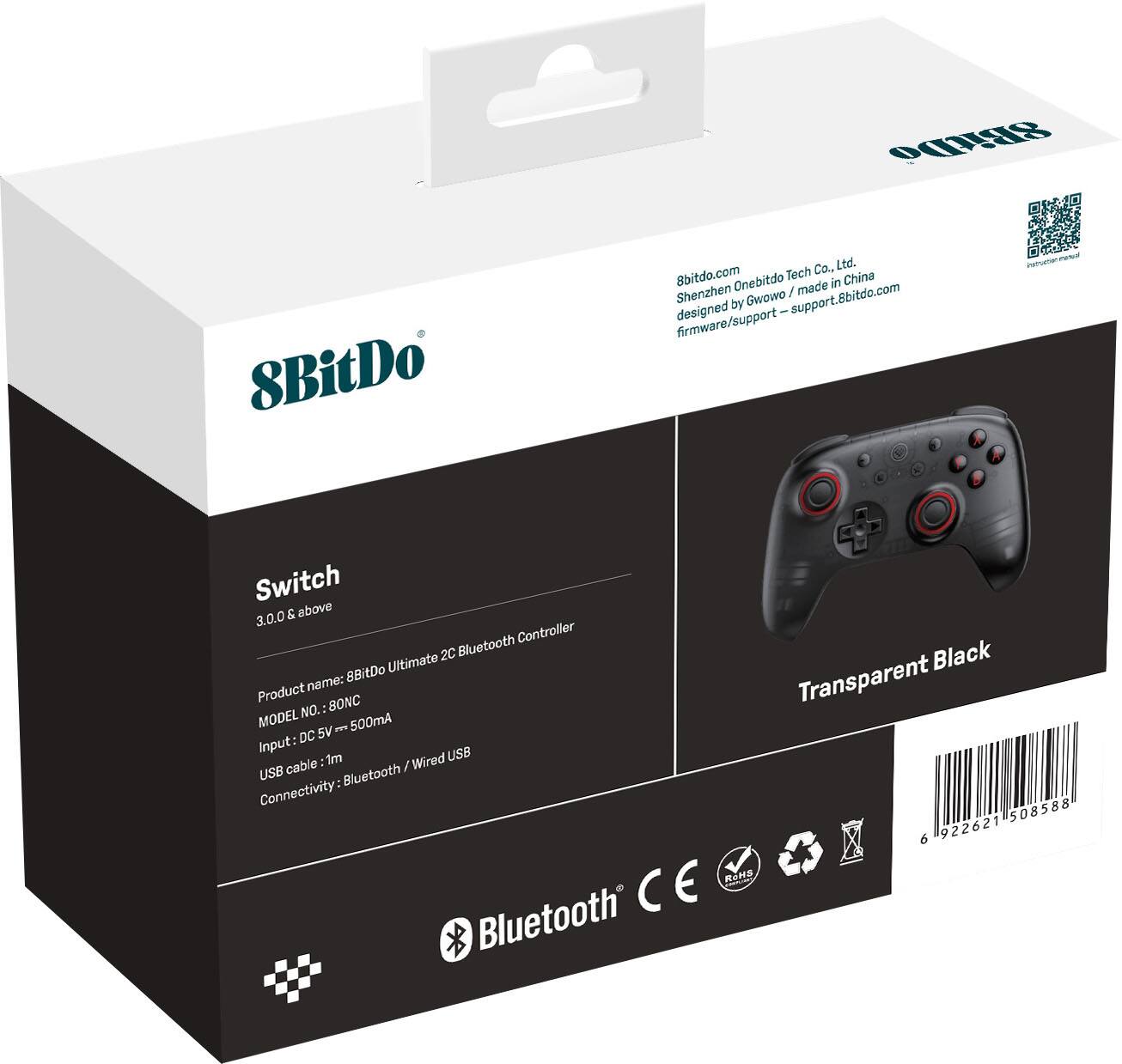 8BitDo Co., Ltd.  
8bitdo.com  
Shenzhen Onebitdo Tech Co., Ltd.  
Made in Shenzhen by Gwowo  
Designed by Gwowo  
support.8bitdo.com  
firmware/support  

Switch  
3.0.0 & above  

Product name: 8BitDo Ultimate 2C Bluetooth Controller  
Model No.: 8ONC  
Input: DC 5V 500mA  
USB cable: 1m  
Connectivity: Bluetooth / Wired USB  

Transparent Black  

Bluetooth  
CE  
RoHS  

6 922621 508588