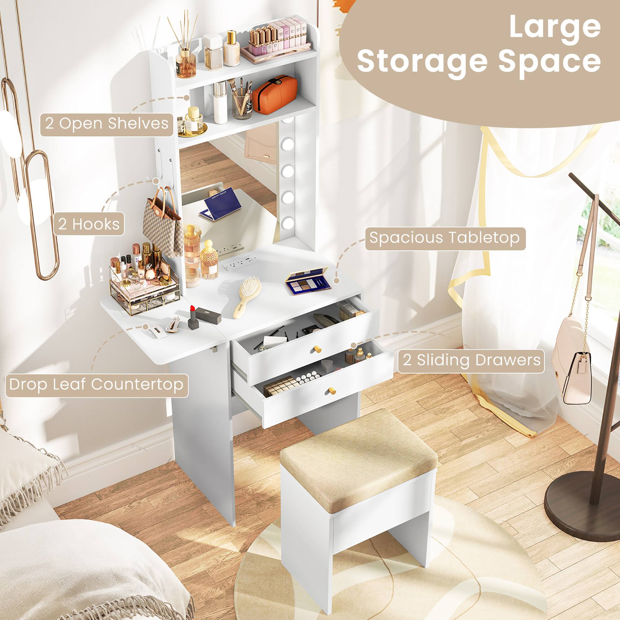 Large Storage Space  
2 Open Shelves  
2 Hooks  
Spacious Tabletop  
Drop Leaf Countertop  
2 Sliding Drawers