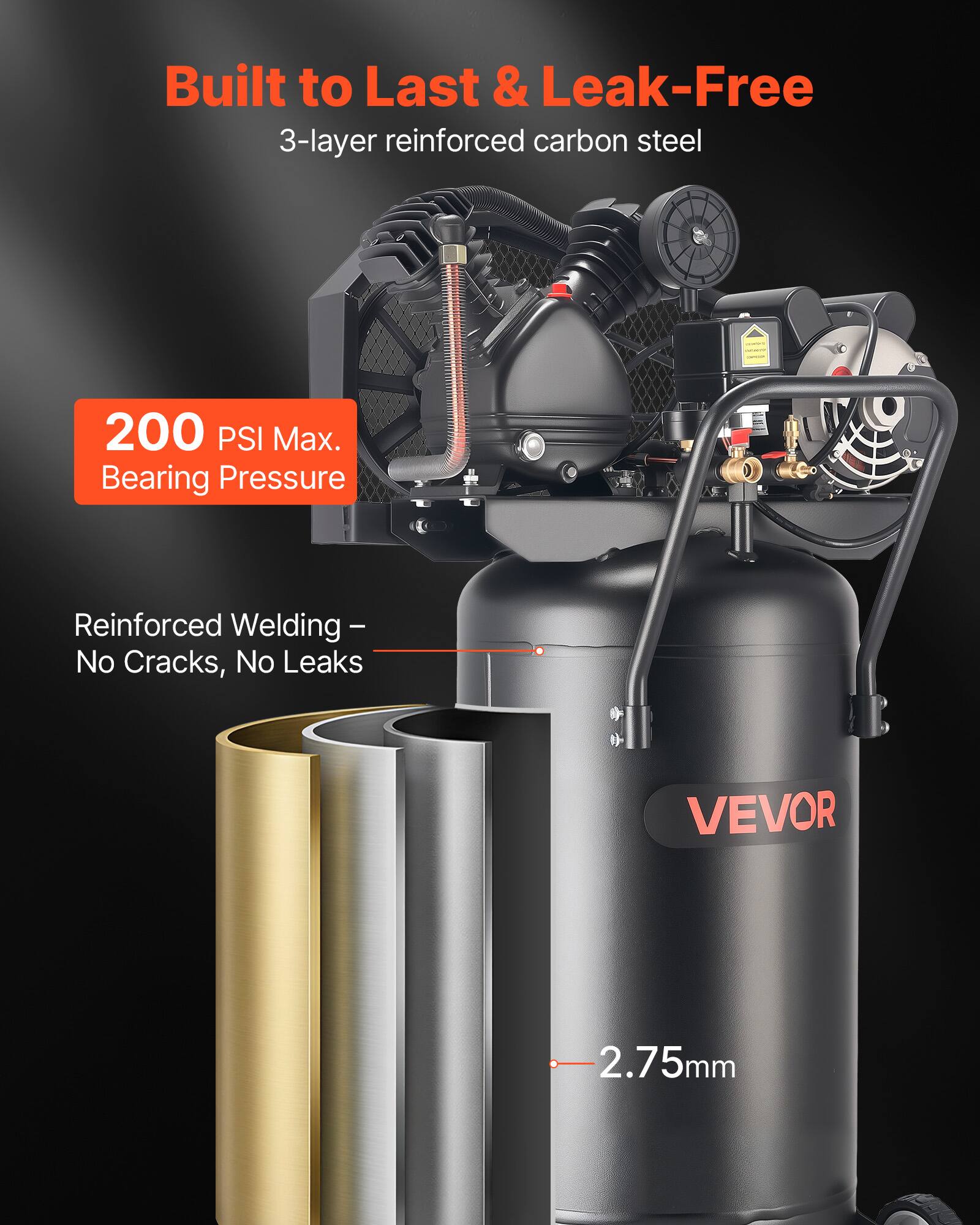 Built to Last & Leak-Free  
3-layer reinforced carbon steel  
200 PSI Max. Bearing Pressure  
Reinforced Welding - No Cracks, No Leaks  
VEVOR  
2.75mm