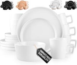 Zulay Kitchen - Terra Plates and Bowls Sets, 16 Piece Modern Stoneware Dish Set for 4 Dinnerware Set - White