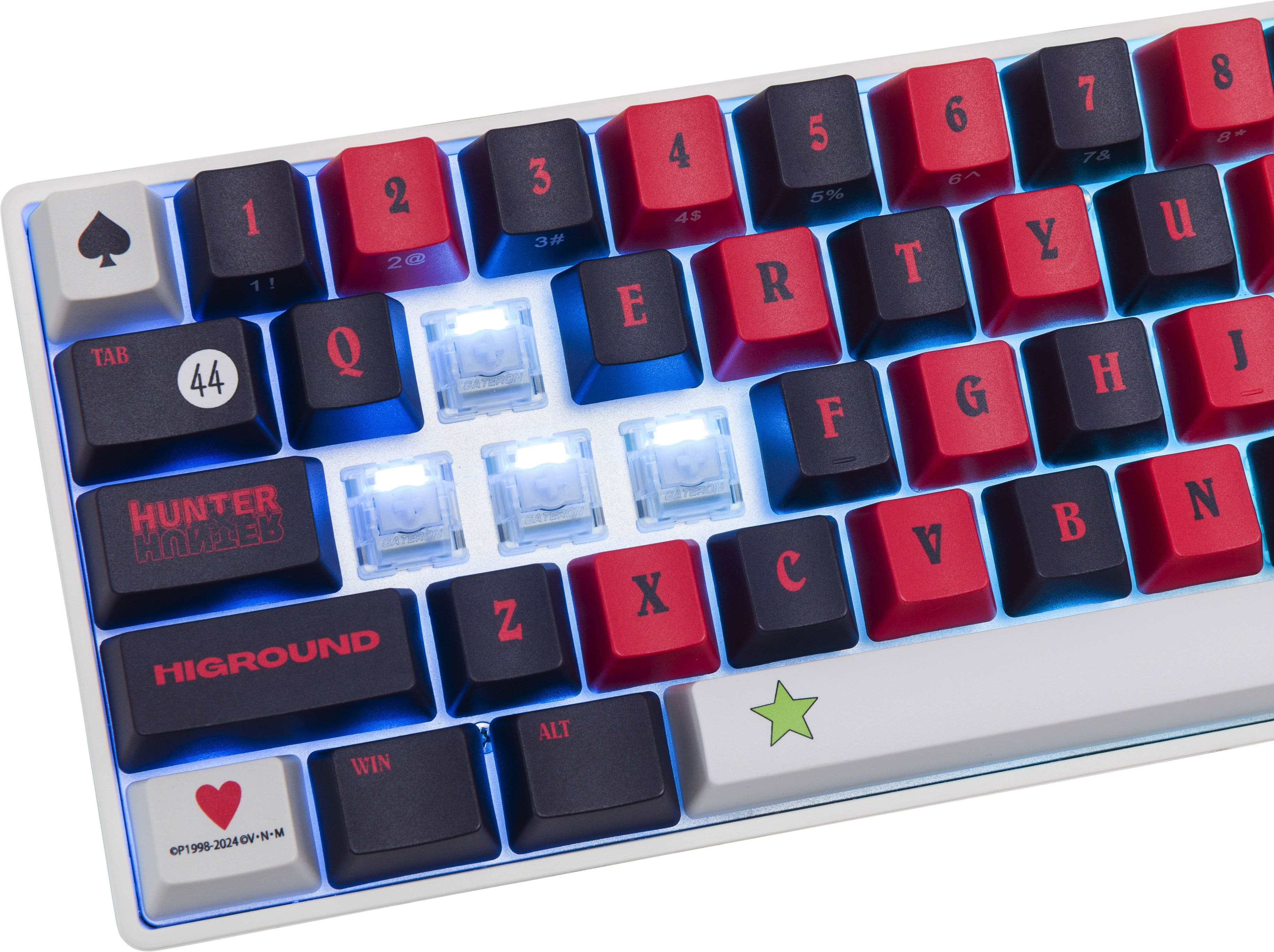 The text on the image is a keyboard with various keys, including letters, numbers, and symbols. The keys are arranged in a way that they are not grouped or corrected. The keys include letters such as "H", "U", "N", "T", "A", "B", "C", "D", "E", "F", "G", "J", "K", "L", "M", "N", "P", "Q", "R", "S", "T", "V", "W", "X", "Y", and "Z". There are also numbers such as "1", "2", "3", "4", "5", "6", "7", "8", "9", and "0". Additionally, there are symbols like "!", "@", and "%".