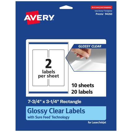 Go to avery.com/templates
AVERY
Use Avery Template Presta* 94260
GLOSSY CLEAR
2 labels per sheet
10 sheets
20 labels
7-3/4" x 3-1/4" Rectangle
Glossy Clear Labels with Sure Feed Technology for Laser/Inkjet