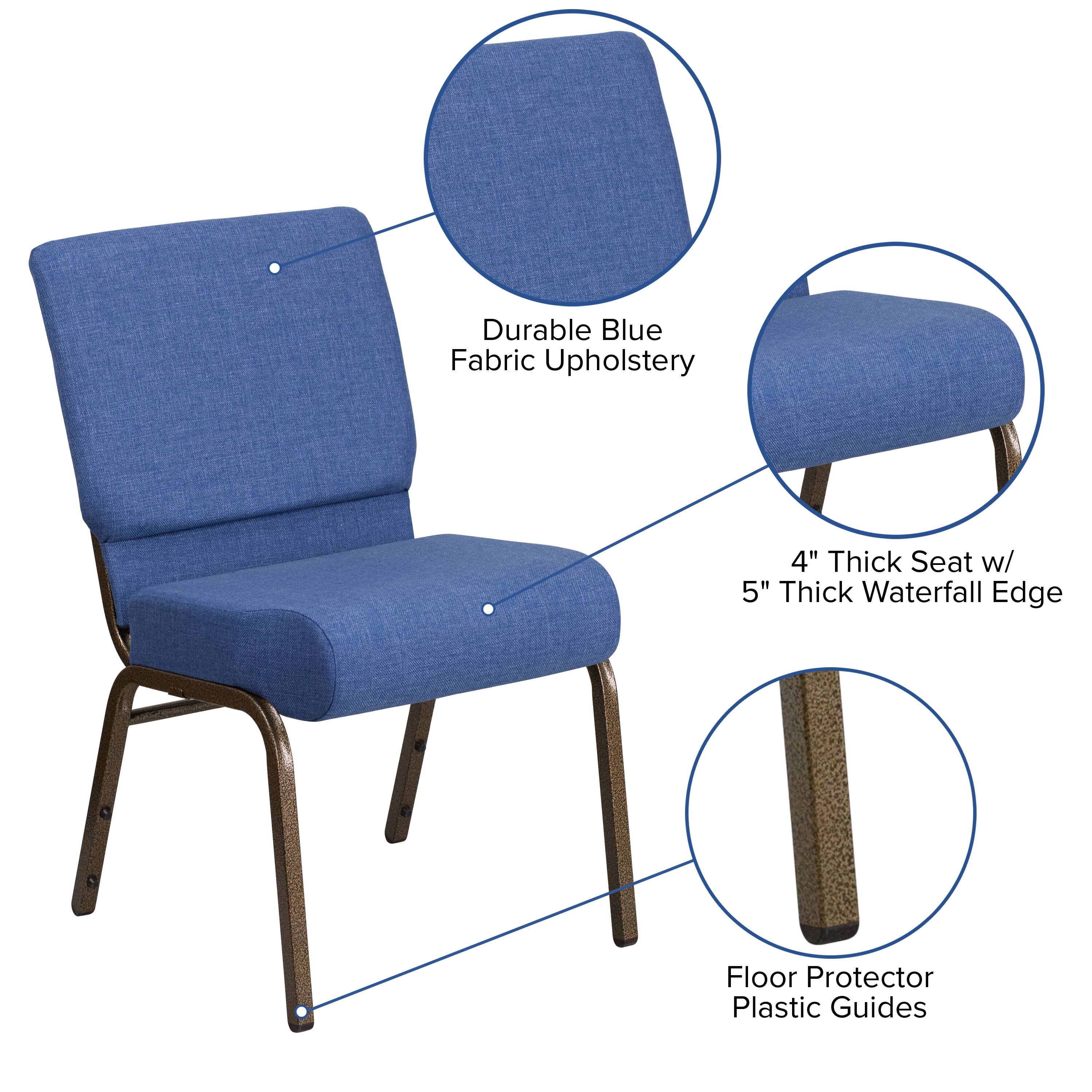 Durable Blue Fabric Upholstery  
4" Thick Seat w/ 5" Thick Waterfall Edge  
Floor Protector Plastic Guides