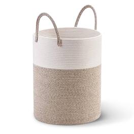 Cheer Collection - Laundry Hamper, Large Woven Rope, 15" x 19.7" Cotton Laundry Basket with Handles, Clothes Hamper for Bedroom, Bathroom - 2-Tone Tan