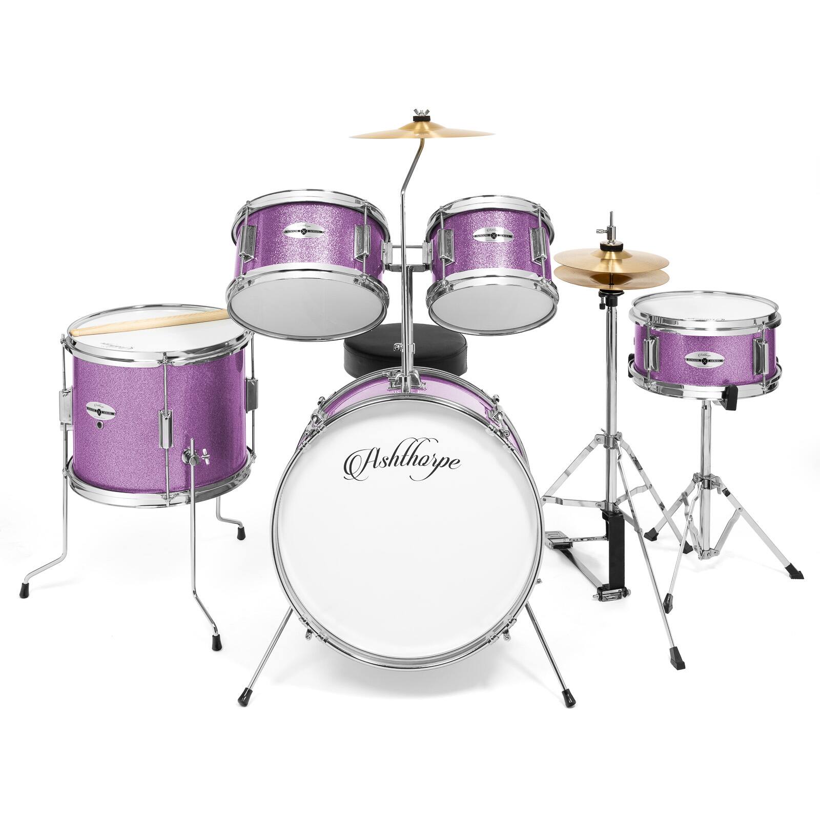 Alt View 1. Ashthorpe - Beginner Drum Kit with Brass Cymbals (Set of 5) - Purple.