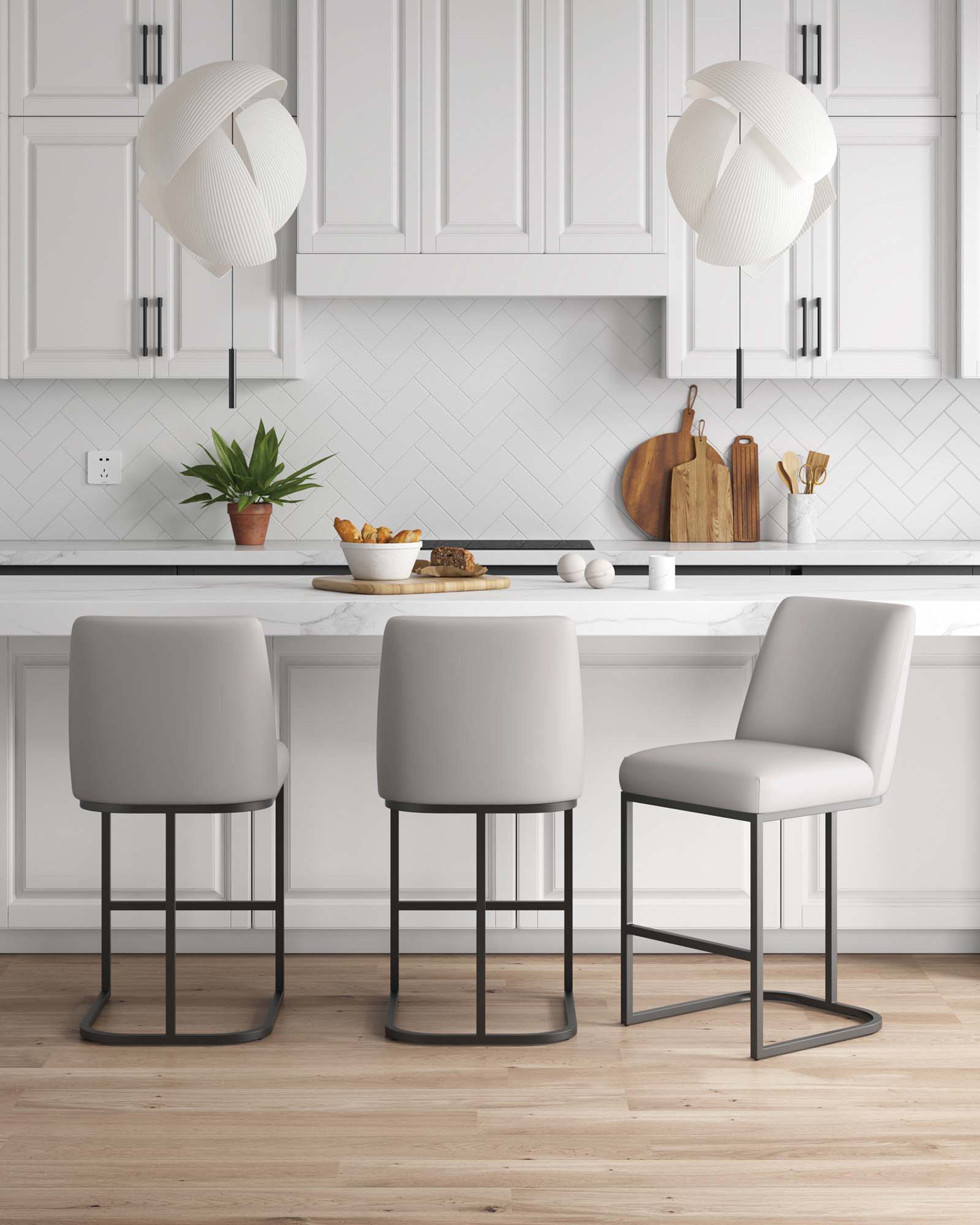Angle. Manhattan Comfort - Serena Modern Metal Upholstered Counter Stool - Set of 3 - Light Gray.