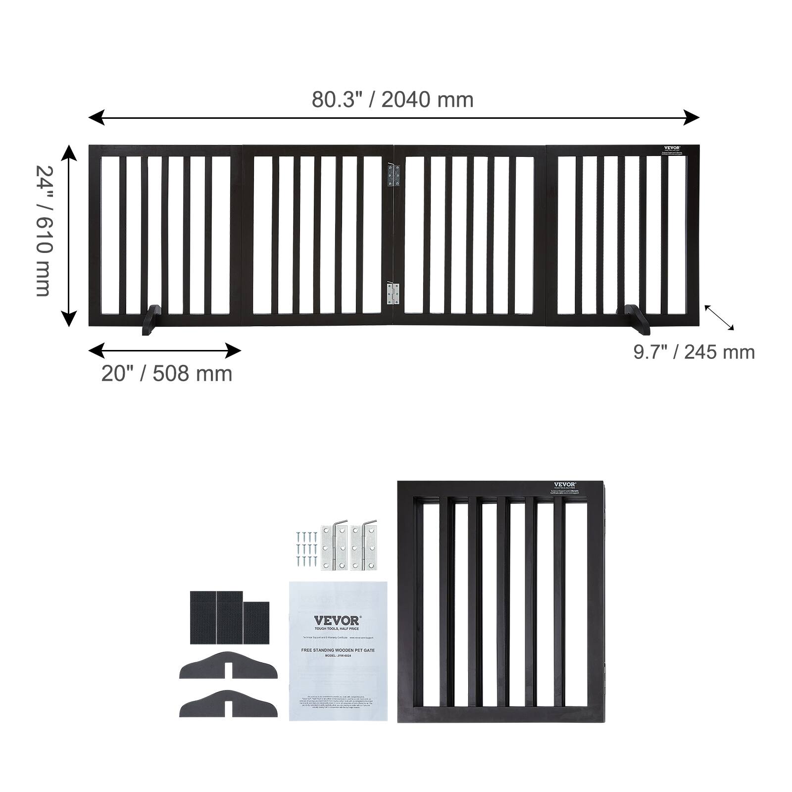 The corrected text from the image is:

- 80.3" / 2040 mm
- 24" / 610 mm
- 20" / 508 mm
- 9.7" / 245 mm

The brand is VEVOR.