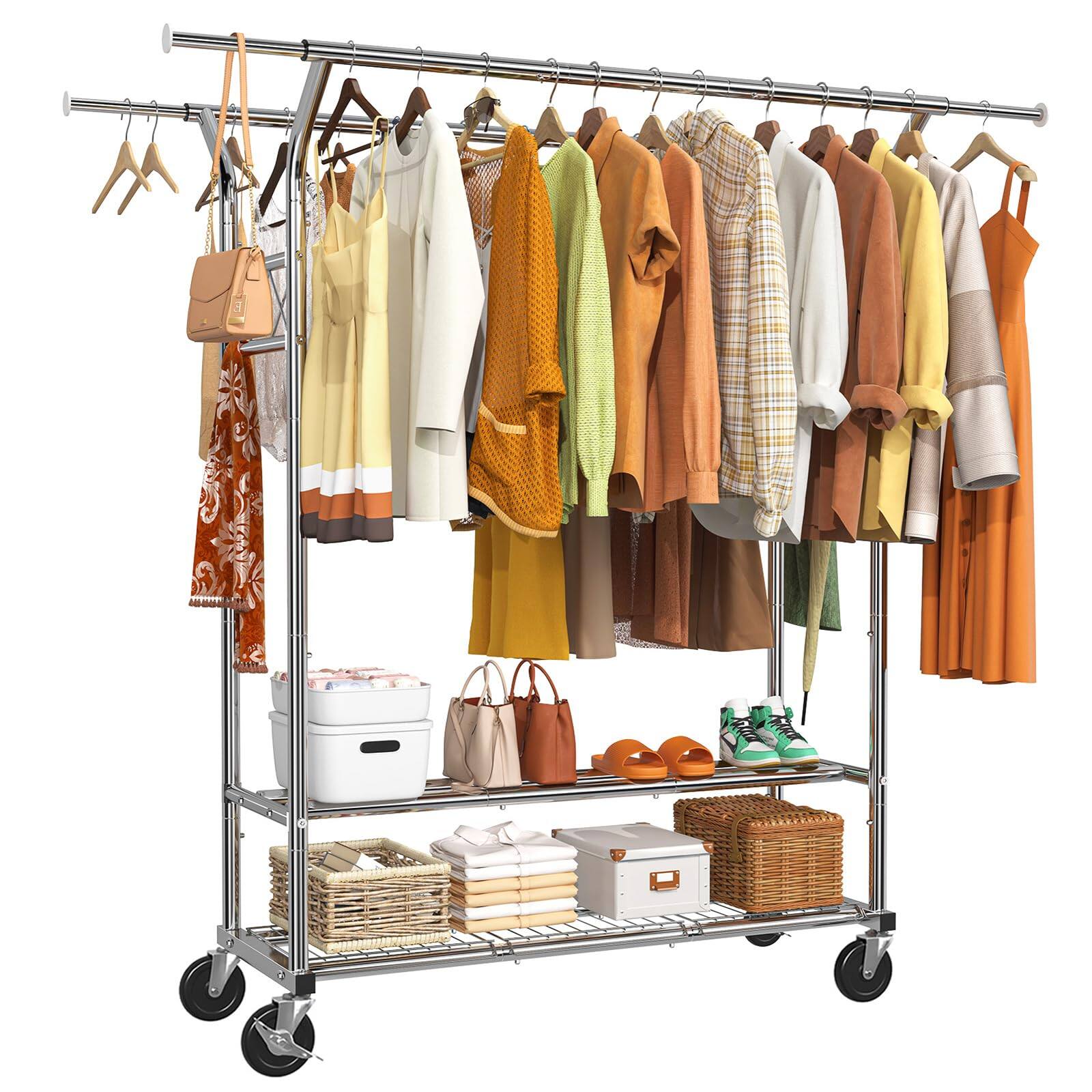 Refined Abode Design - Double Rod Clothing Garment Rack Rolling Clothes Organizer On Wheels For Hanging Chrome - 24.8"D x 61"W x 63.75"H