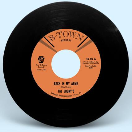 B-TOWN RECORDS
The "B-Town Sound"
Time: 2:15
45-08 A
Prod. and Arr. by Sharp & Chambers
RayPro Publ. BMI
BACK IN MY ARMS
(Ray Sharp)
The EBONY'S
BREWERYTOWN RECORDS Phila. Pa