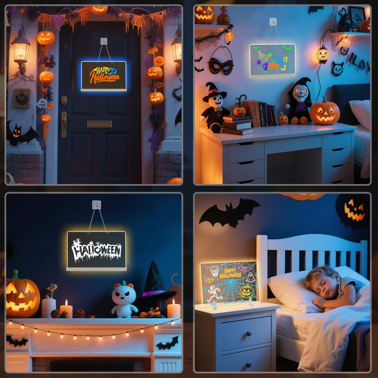 Sure, here is the corrected and grouped text from the image:

1. **Top Left:**
   - "Happy Halloween"

2. **Top Right:**
   - "Happy Halloween"

3. **Bottom Left:**
   - "Halloween"

4. **Bottom Right:**
   - "Happy Halloween"