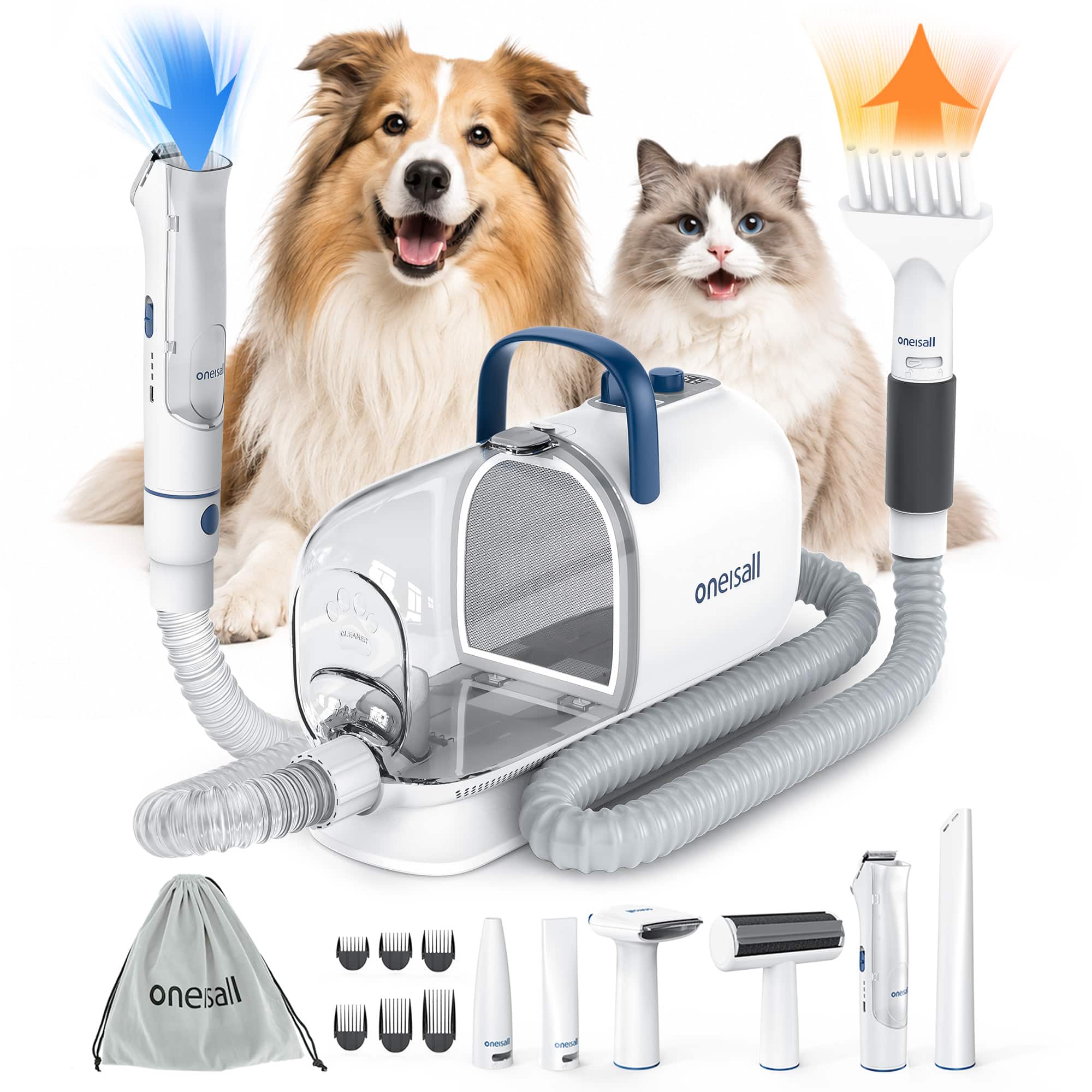 Oneisall - 8-in-1 Professional Pet Grooming Set With Hair Vacuum, Dryer, Dog Clipper, Deshedding Brush, Adjustable Speed/Temp
