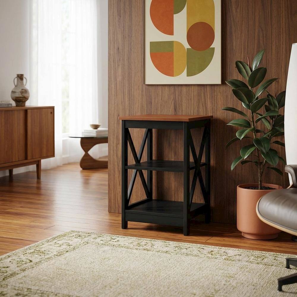 Alt View 1. FurniFact - Cherry finish end table with shelves and transitional coastal style - Black.