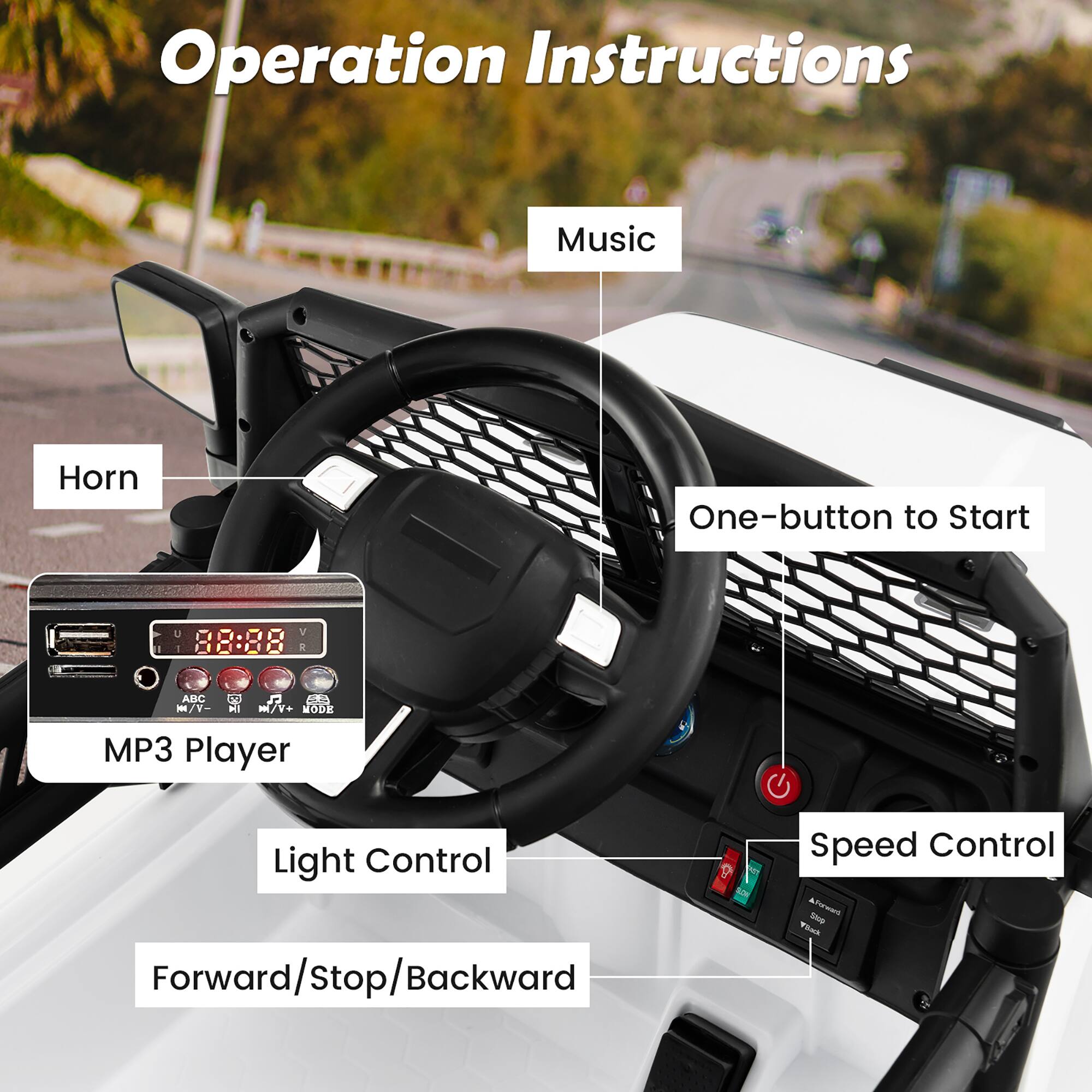 Operation Instructions

- Music
- One-button to Start
- MP3 Player
- Light Control
- Forward/Stop/Backward
- Speed Control
- Horn