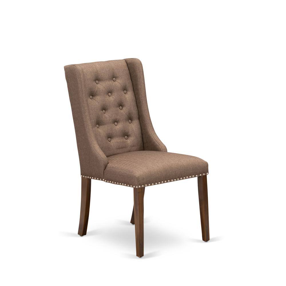 Front. East West Furniture - Brown Linen Fabric Parson Dining Chairs and Button Tufted Back with Antique Walnut Rubber Wood Legs - Set of 2 - Brown.