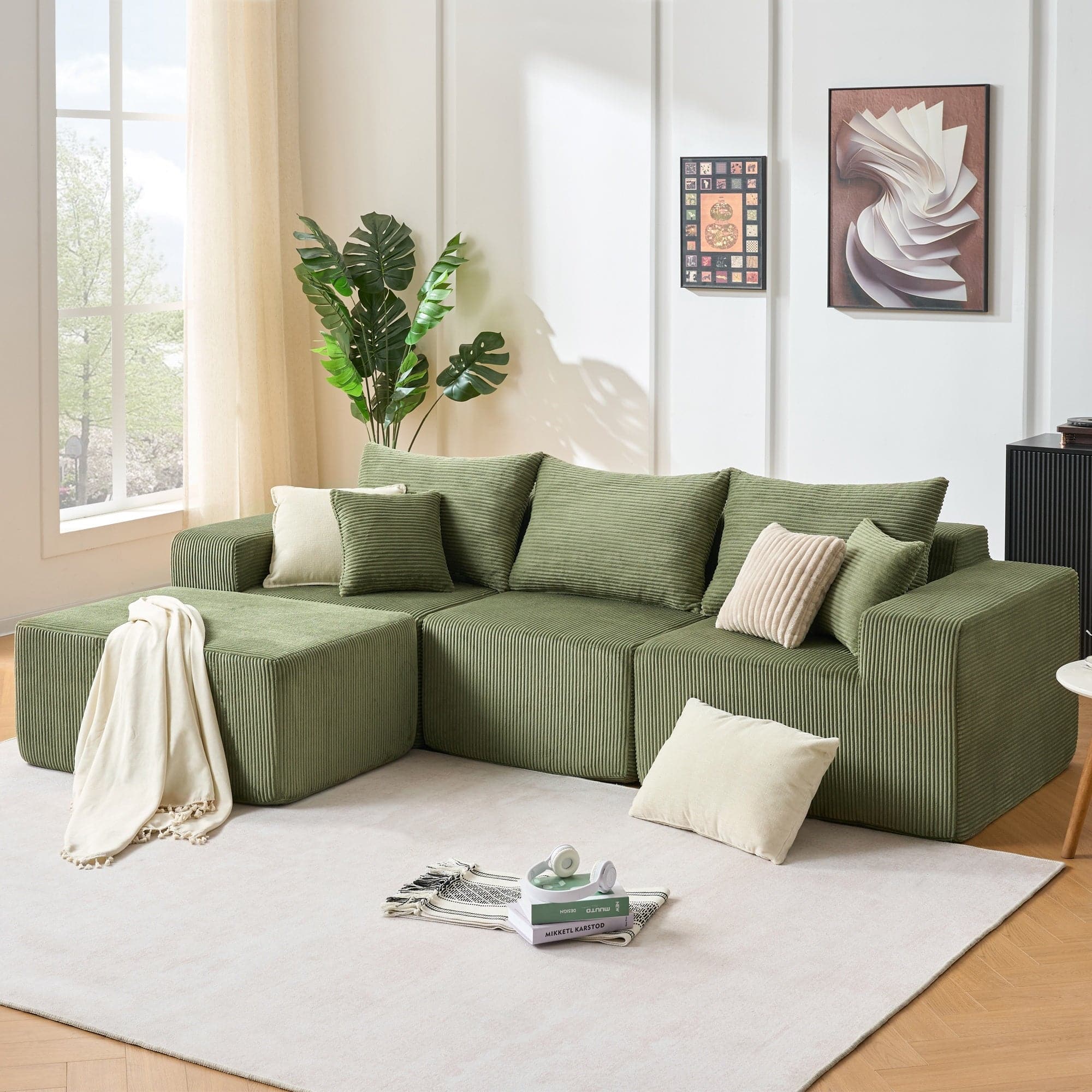 Boyel Living - Compressed Modular Green Corduroy Sofa No Assembly Required 4-Seat - Green