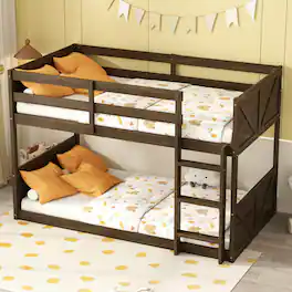 GOODSILO - Solid Wood Twin Over Twin Floor Bunk Bed with Panelled Headboard and Footboard, Built-in Ladder and Safety Guardrails - Antique Dark Oak