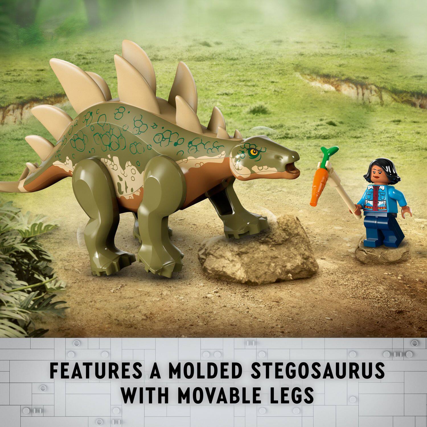 Features a molded stegosaurus with movable legs.