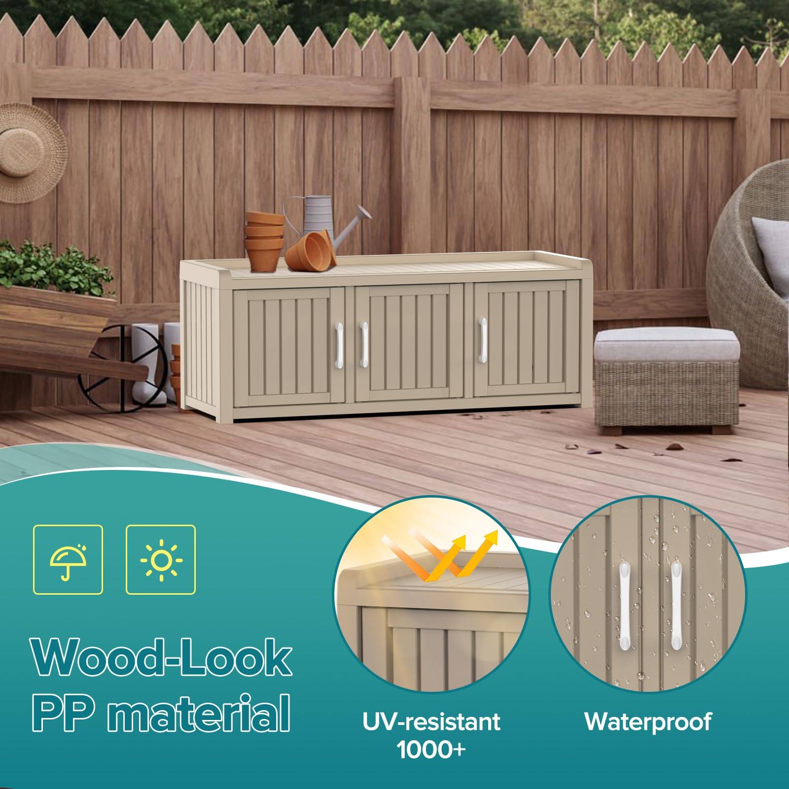Wood-Look PP material  
UV-resistant 1000+  
Waterproof