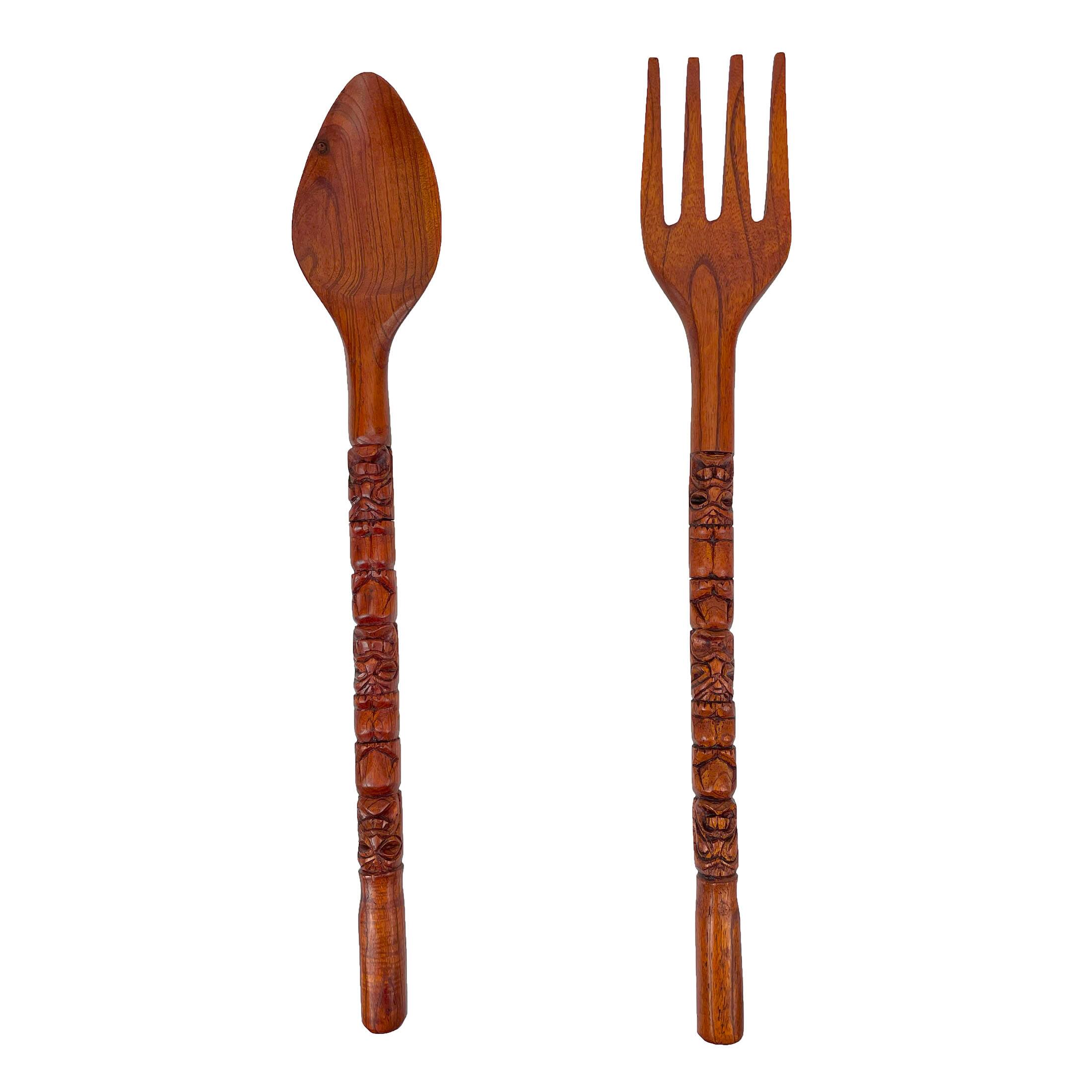 Alt View 7. Zeckos - 30 Inch Carved Tiki Spoon & Fork Wooden Wall Decor Art Utensil Decoration Set - Brown.