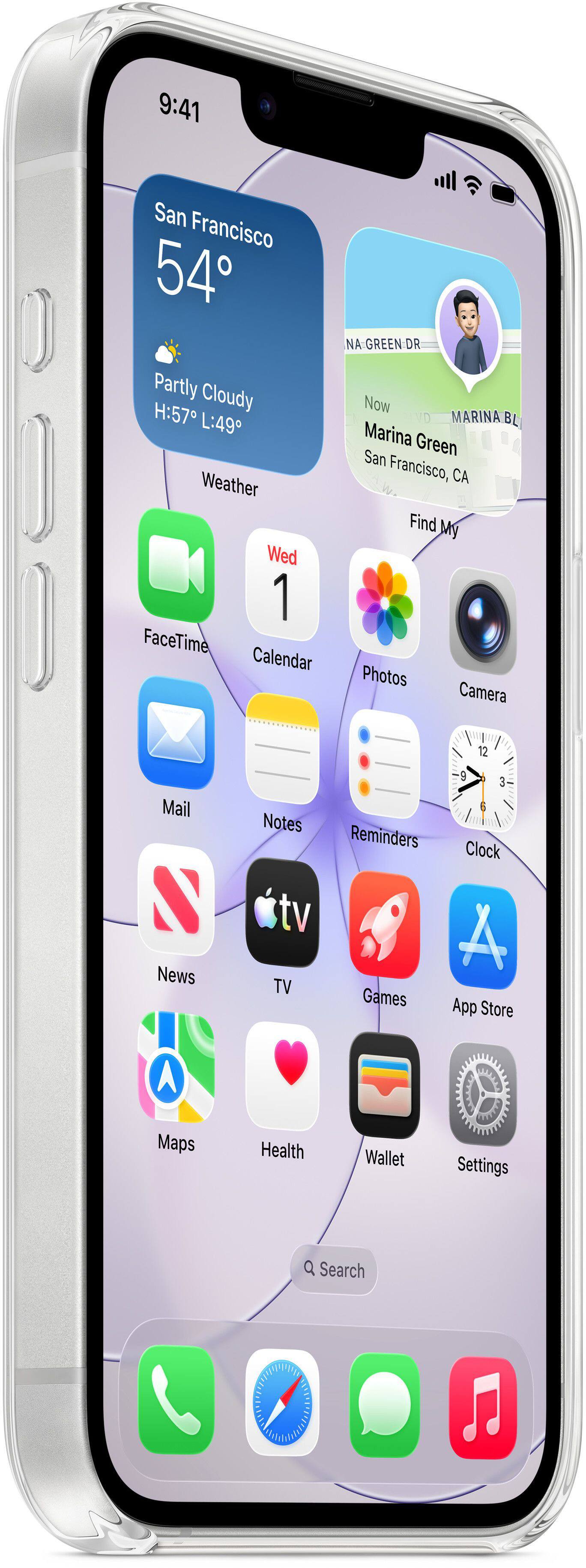 9:41  
San Francisco  
54°  
Partly Cloudy  
H:57 L:49  

NA:GREEN:DR  
Marina Green  
San Francisco, CA  

Weather  
Find My  
Wed 1  
FaceTime  
Calendar  
Photos  
Camera  
Mail  
Notes  
Reminders  
Clock  
tv  
News  
Games  
App Store  
Maps  
Health  
Wallet  
Settings  

Search