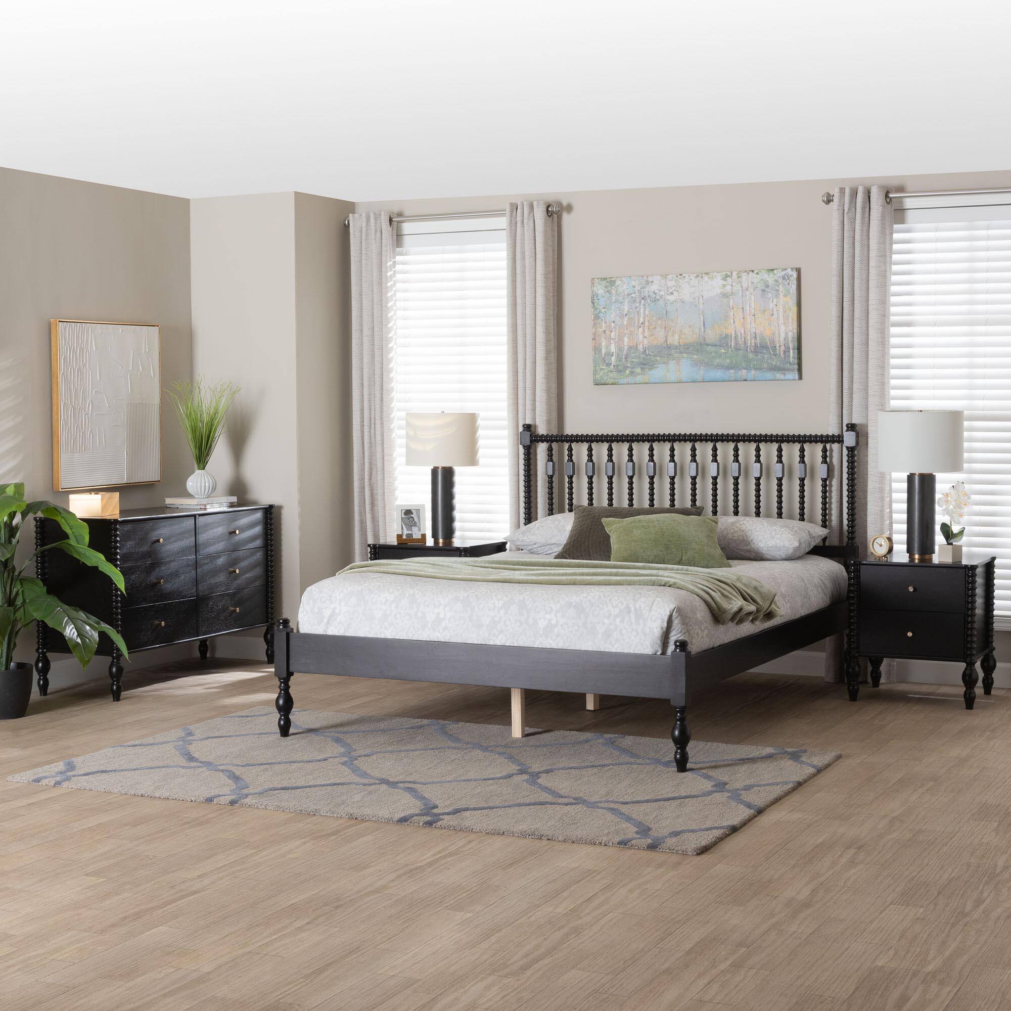 Alt View 7. Baxton Studio - Callison Spindle 4-Piece Bedroom Set - Platform Bed with Matching Dresser and 2-Drawer Nightstands, Full - Black.