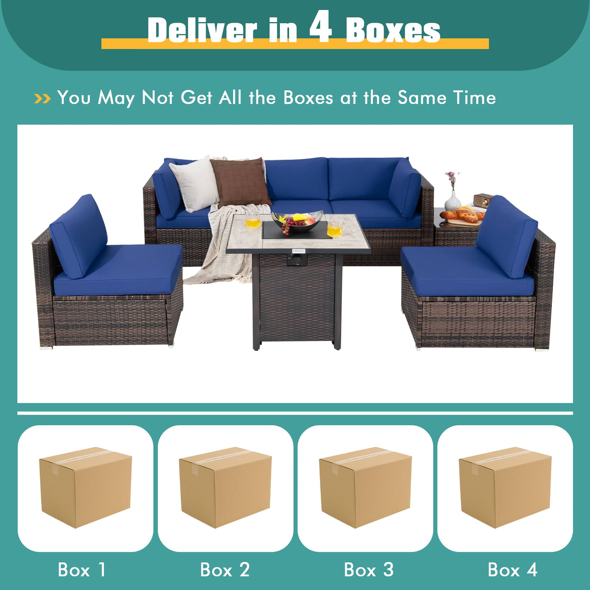 Deliver in 4 Boxes  
>> You May Not Get All the Boxes at the Same Time  

Box 1  
Box 2  
Box 3  
Box 4