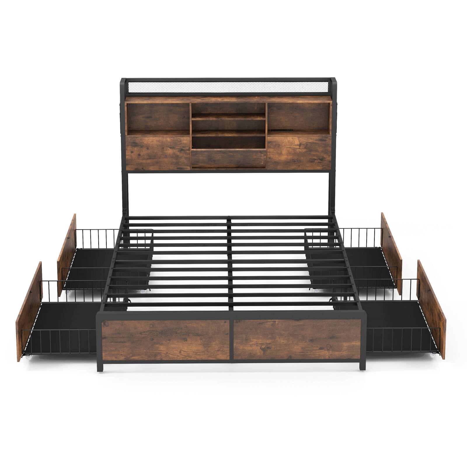 Alt View 4. LUCKY ONE - Full/Queen Assembled Bed Frame with Bookcase Headboard 4 Drawers Power Strip Metal Slats - Vintage Brown.