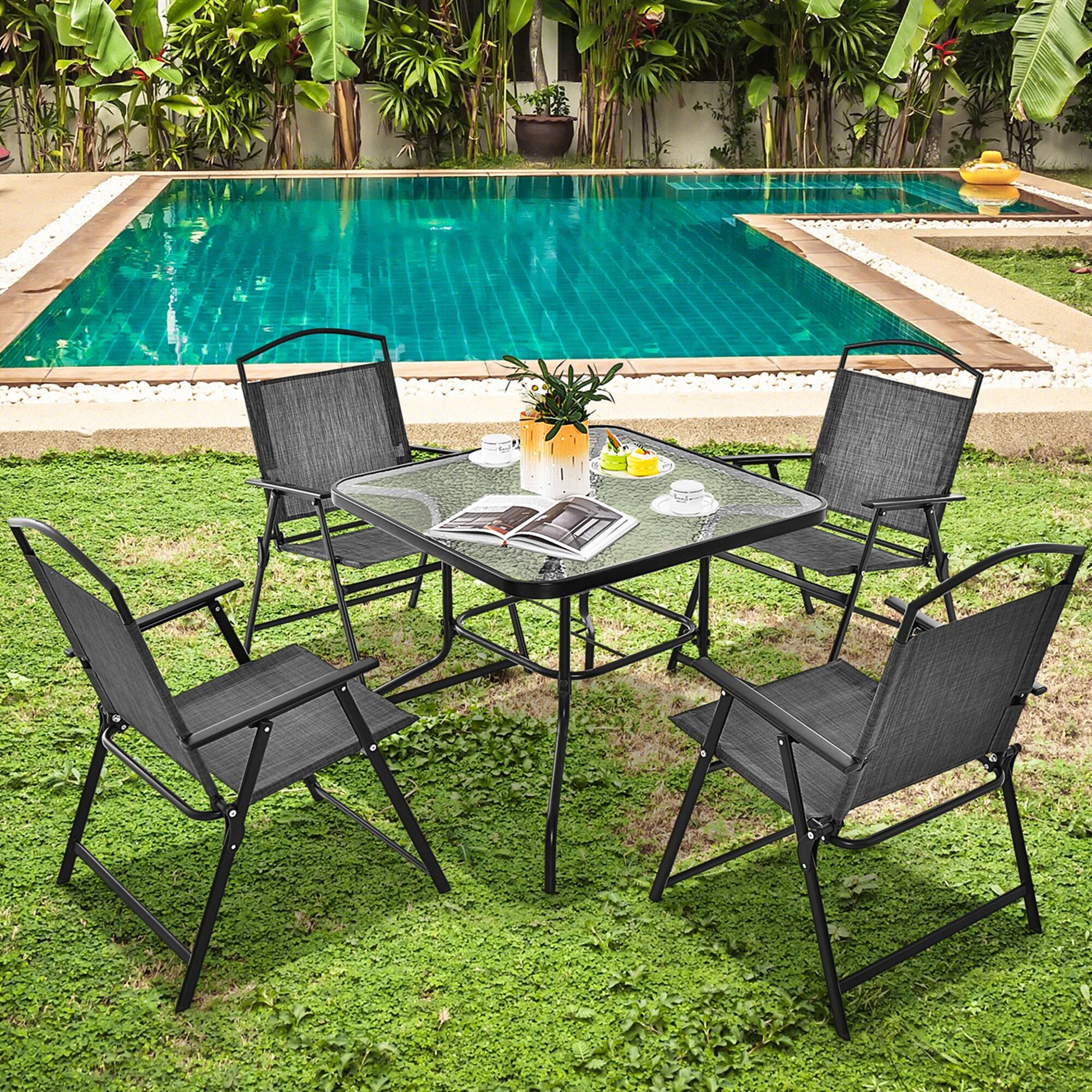 Alt View 7. Costway - Costway 34 Inch Outdoor Dining Table Square Tempered Glass Table with 1.5" Umbrella Hole - Black.