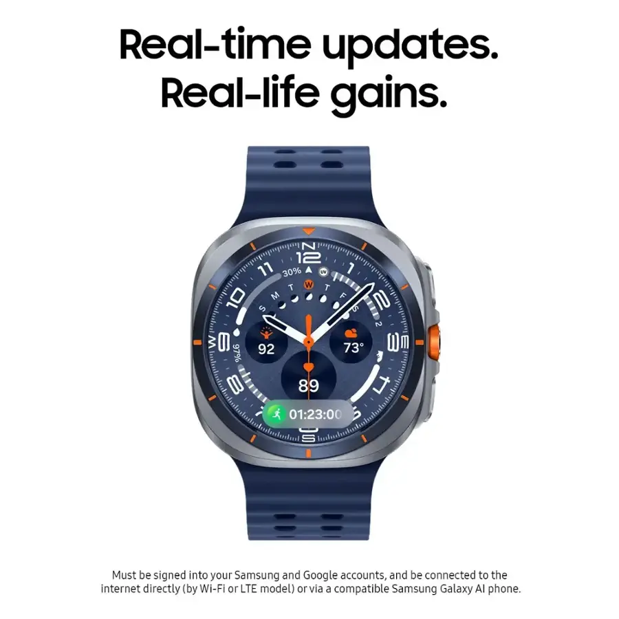 Real-time updates. Real-life gains. 12 11 30% A W T W T 10 M F N S S 2 W I 73 Wm 97% 92 8 89   01:23:00 Must be signed into your Samsung and Google accounts, and be connected to the internet directly (by Wi-Fi or LTE model) or via a compatible Samsung Galaxy AI phone.