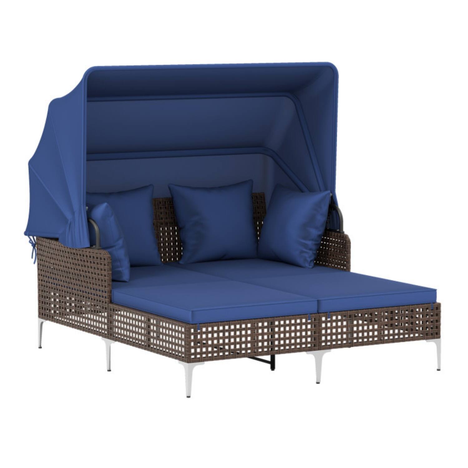 Alt View 4. Mondawe - Outdoor Daybed w Retractable Canopy PE Wicker Rattan Patio Lounger 800 lbs for 2 - Navy.