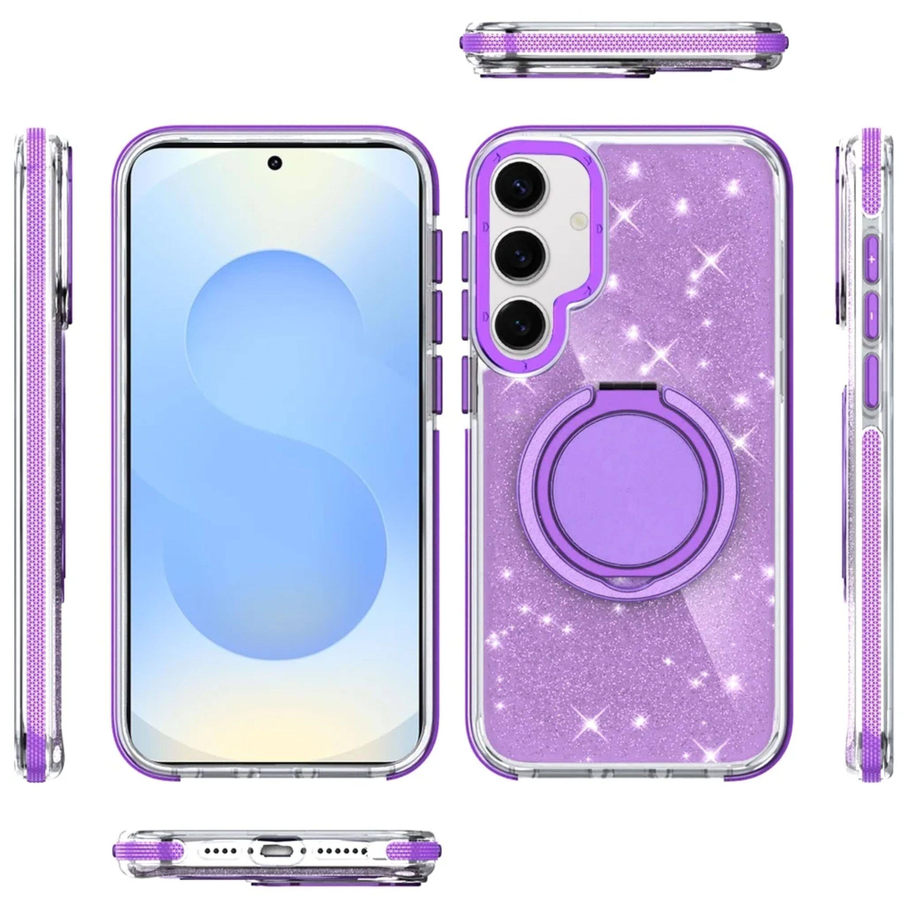 Angle. Kitcheniva - Magnetic Circle Stand Full Glitter Plus Tempered Glass For Samsung S25/S24 Purple - Purple.