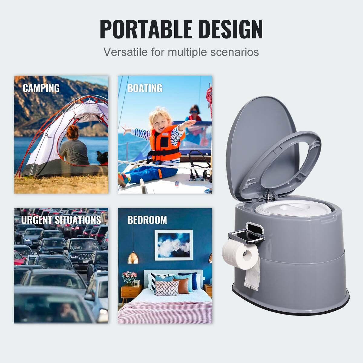 PORTABLE DESIGN  
Versatile for multiple scenarios

CAMPING  
BOATING  
URGENT SITUATIONS  
BEDROOM