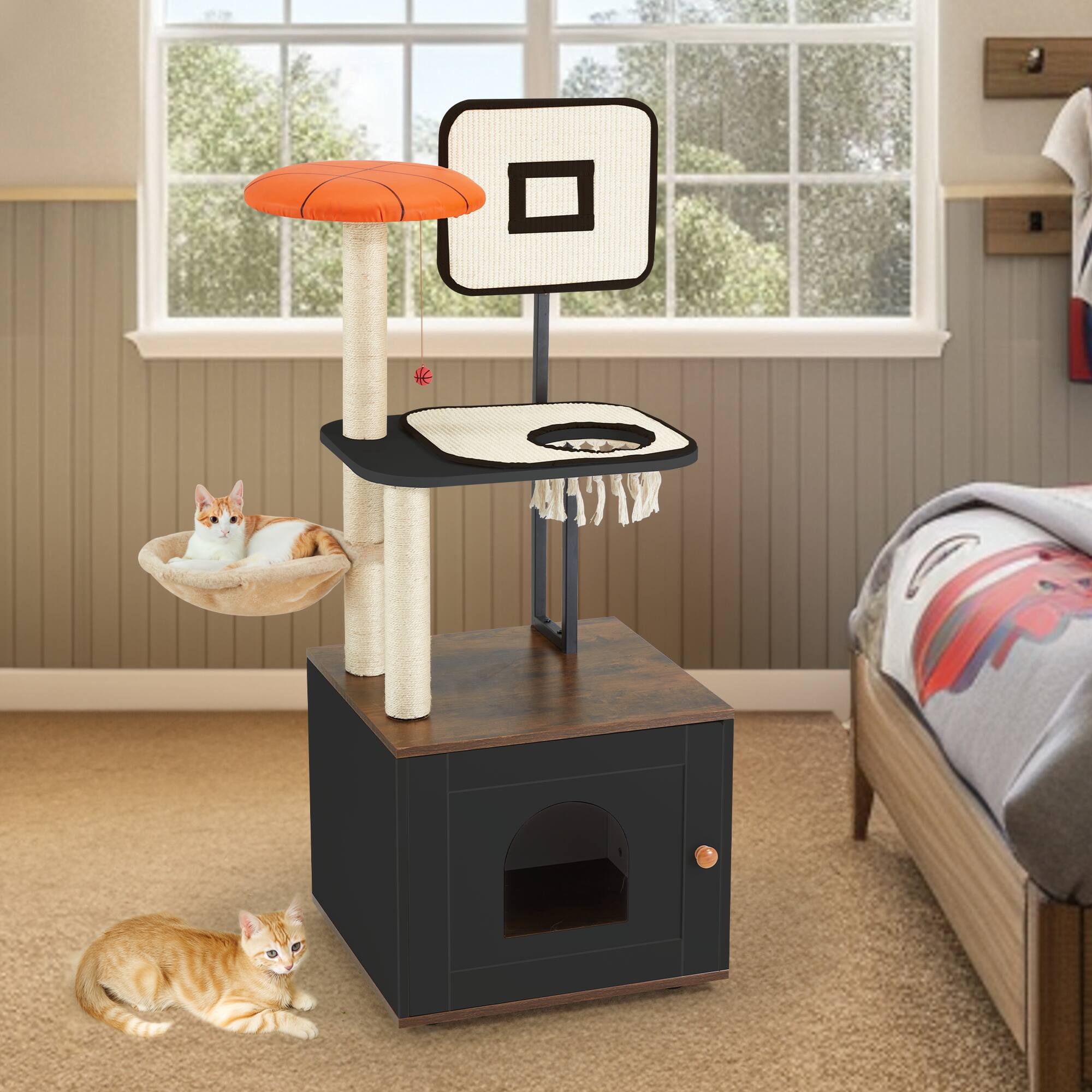 Alt View 5. U-HOMY - 2-in-1 Cat Tree with Hidden Litter Box, Scratching Posts & Observation Platform for Indoor Cats - Black.