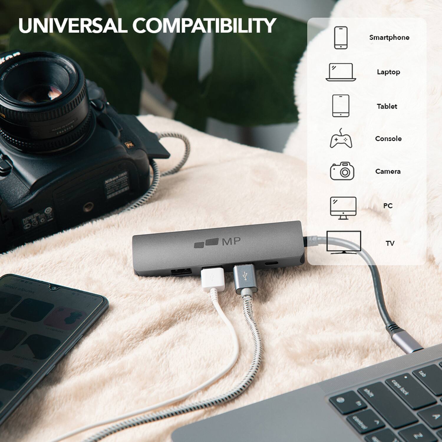 UNIVERSAL COMPATIBILITY

- Smartphone
- Laptop
- Tablet
- Console
- Camera
- PC
- TV