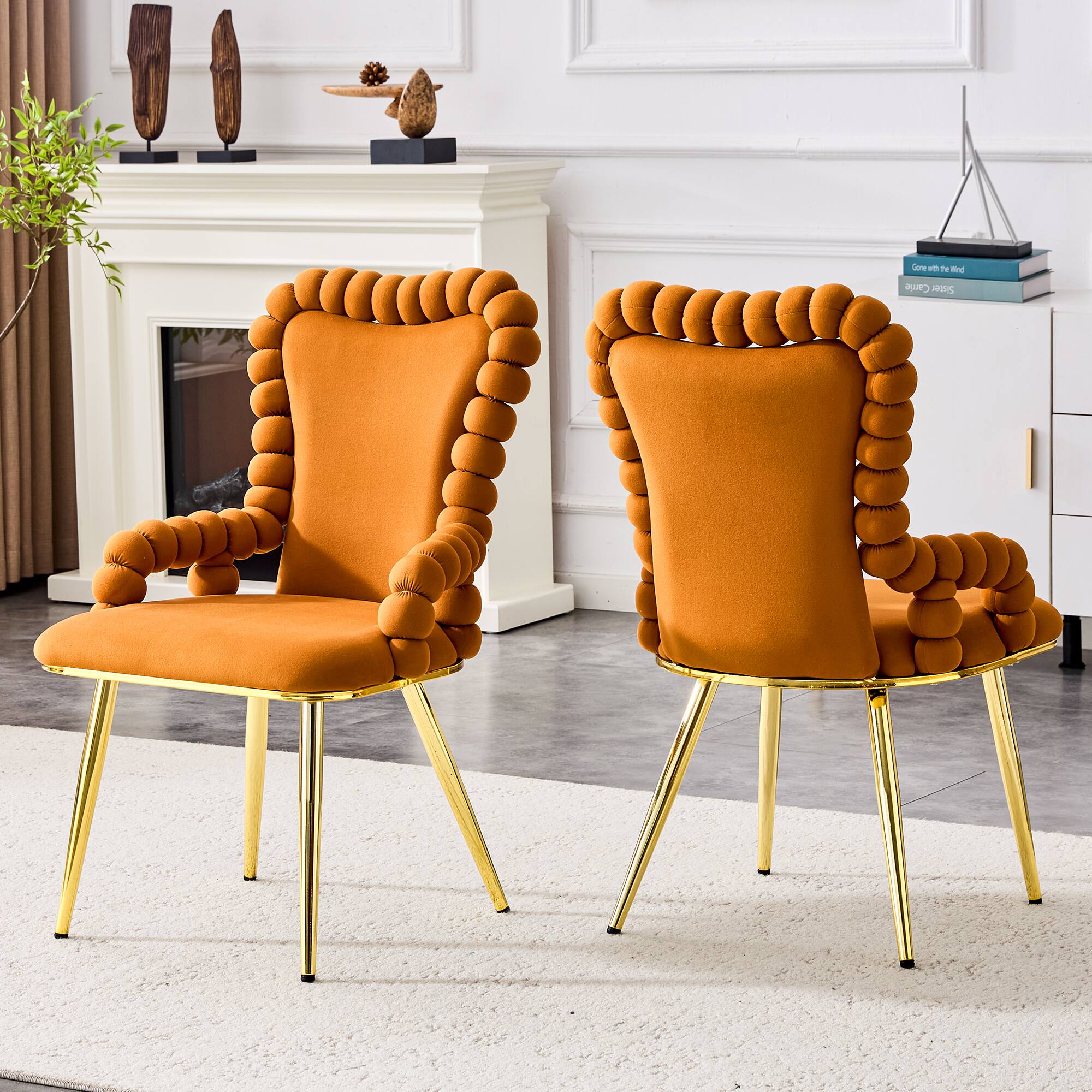 Left. Loheer - Loheer Velvet Dining Chairs Set of 2 Orange Bubble Back Accent Chairs for Dining Room Kitchen, Gold Legs, 1.8 ft - Gold,Orange.