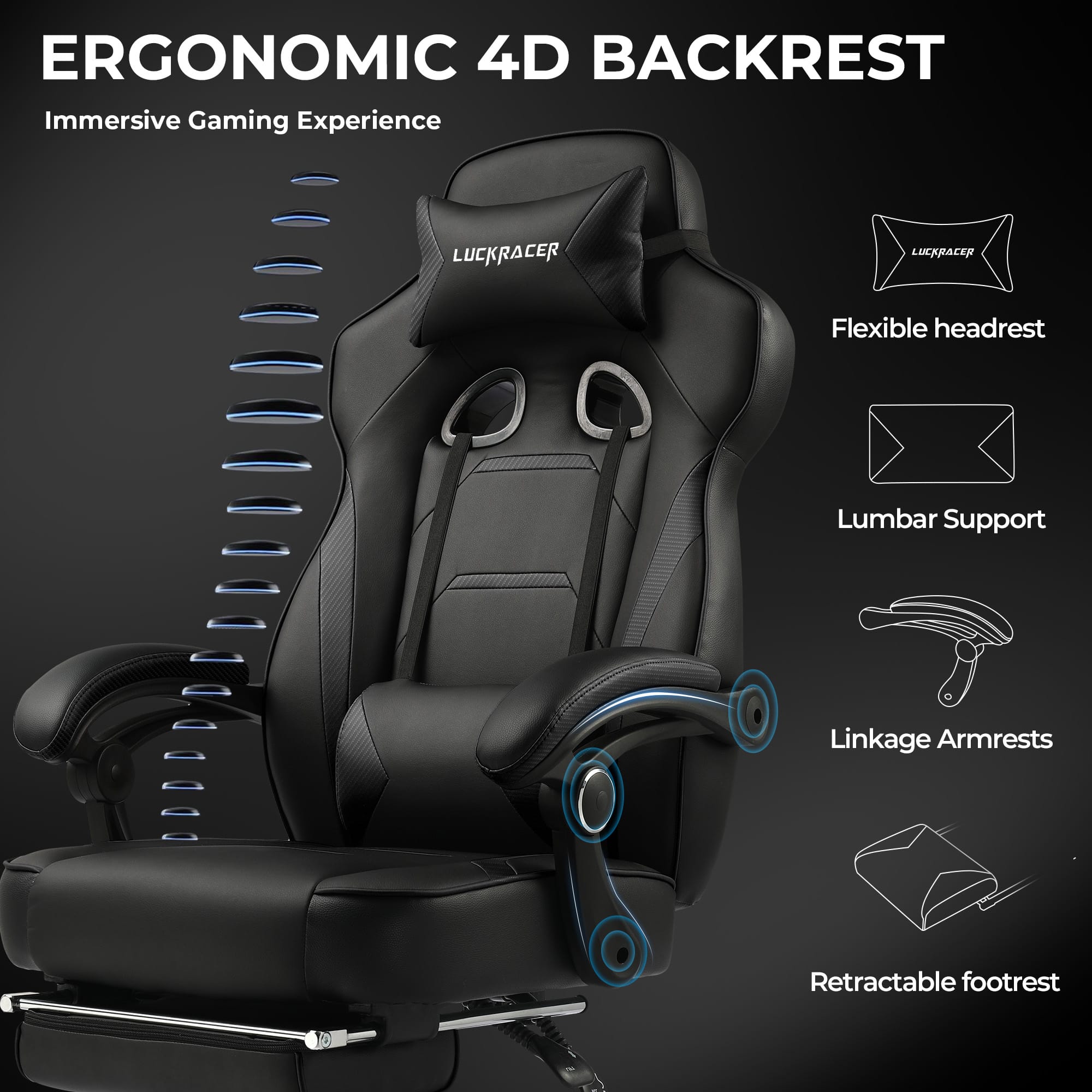 Ergonomic 4D Backrest Immersive Gaming Experience LuckRacer Flexible Headrest Lumbar Support Linkage Armrests Retractable Footrest