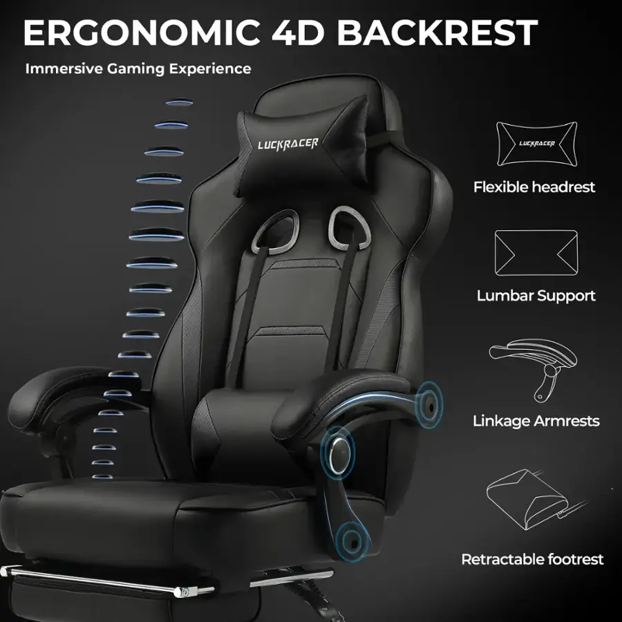 Ergonomic 4D Backrest Immersive Gaming Experience LuckRacer Flexible Headrest Lumbar Support Linkage Armrests Retractable Footrest