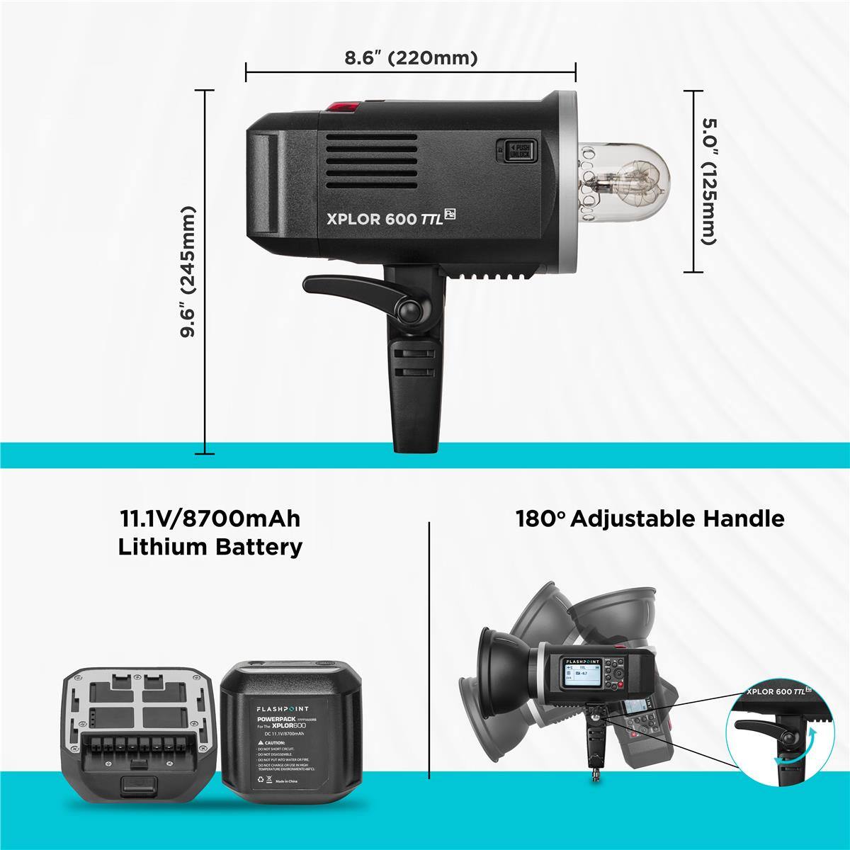 8.6" (220mm) (245mm) 9.6" L XPLOR 600 E P 5.0" (125mm) 11.1V/8700mAh Lithium Battery 180 Adjustable Handle