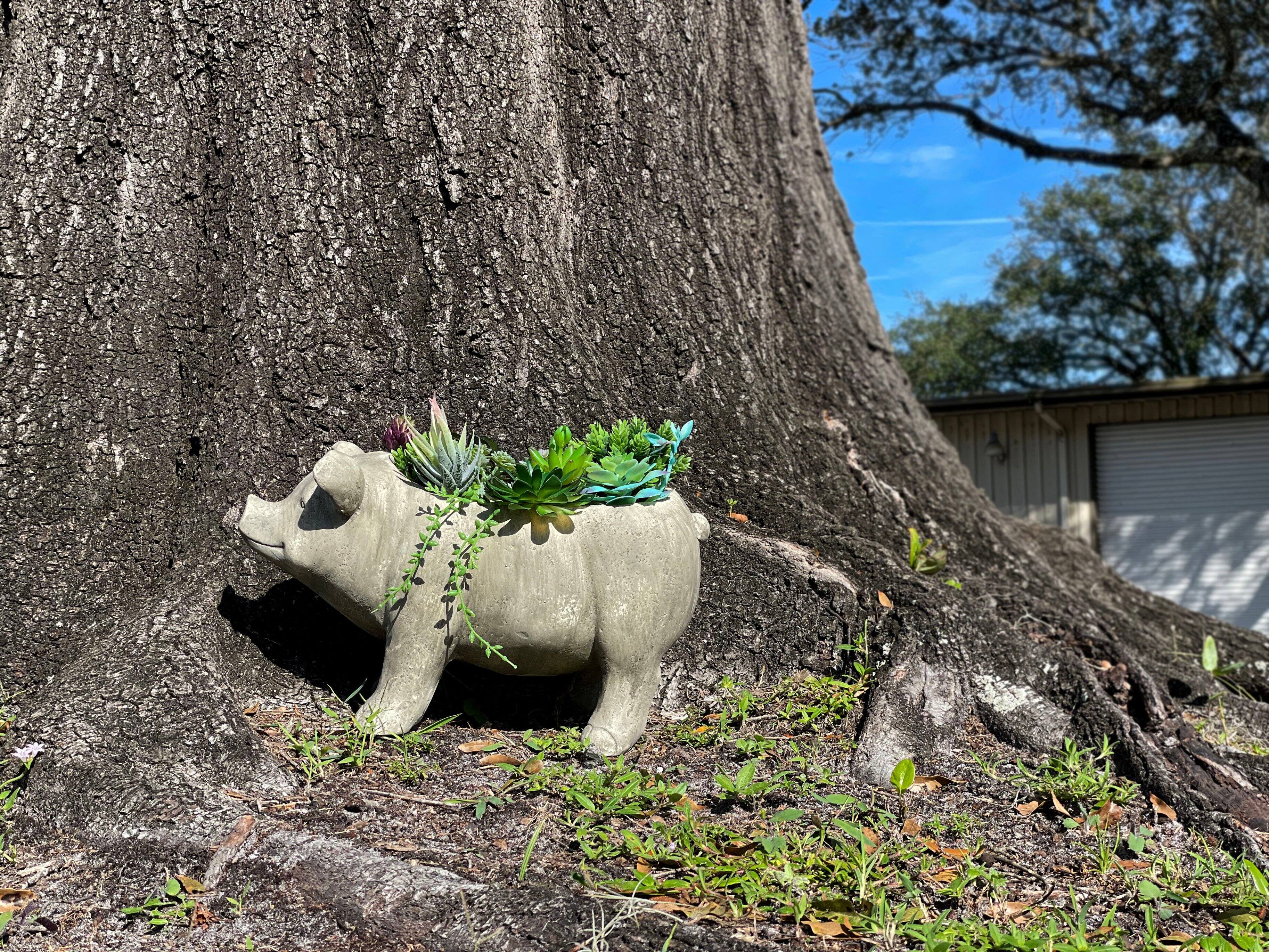 Alt View 4. Zeckos - 17 Inch Long Weathered Gray Finish Smiling Pig Planter - Grey.